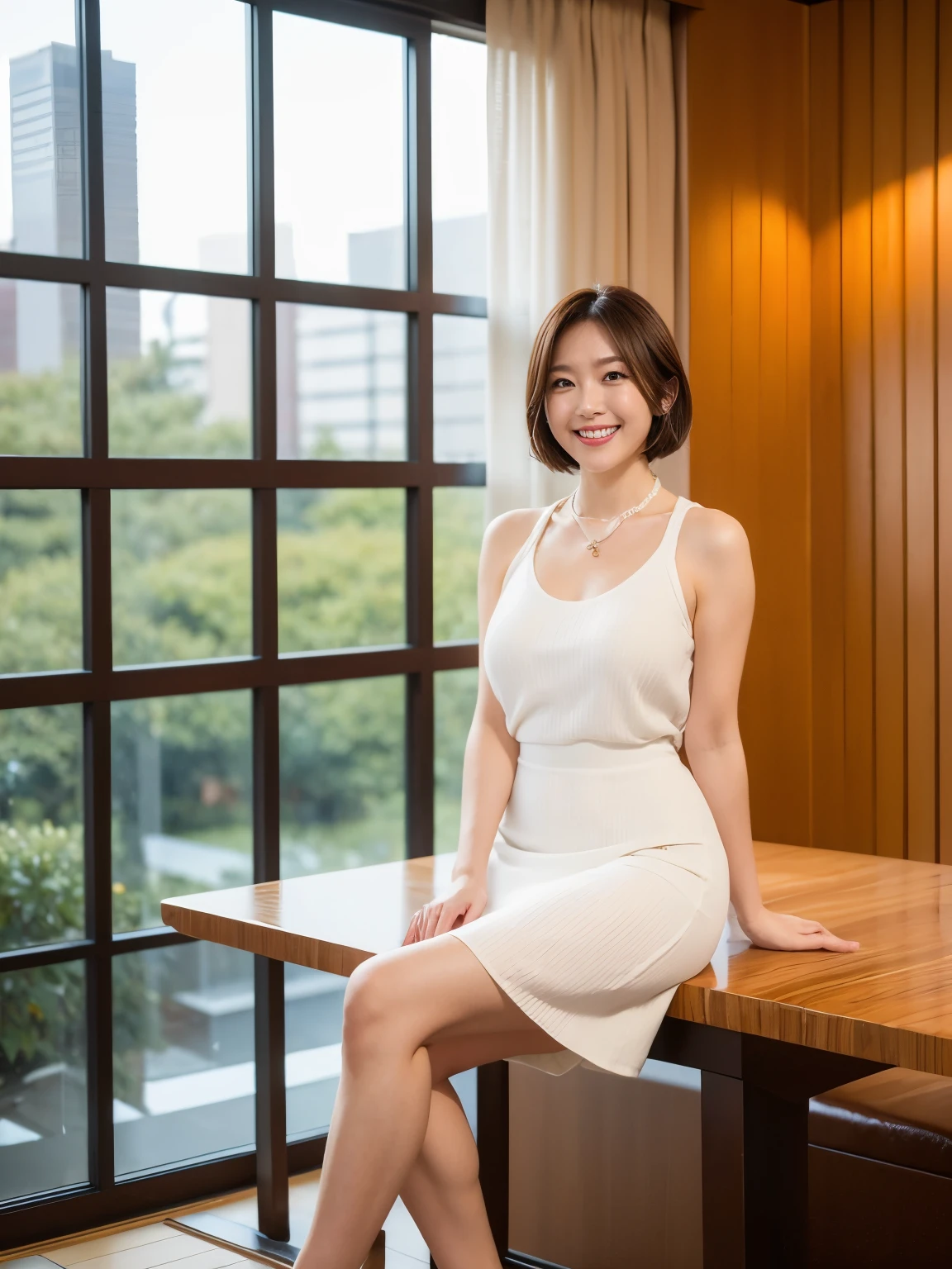 Tabletop, Beautiful woman, (30 years old、Japanese), (Library Background、mechanical、Bookshelf), ,(((White tight dress))), (((Beautiful Hair、Bob Hair, Brown Hair))), feet, (Skin Texture:1.1), highest quality, 超A high resolution, (Realistic: 1.4), RAW Photos, , Nikon D850 film stock photo, f1.6 Lenses, Rich colors, Realistic, (A kind smile:1.6)、(A large hall with bright sunlight:1.5)、Lobby of a top-end hotel in Tokyo, marble floors, high ceilings, bright lighting, large wall of windows, man-made waterfall outside the window, Japanese garden, she is sitting at a table by the window, table for four, upscale chairs, coffee cups on the table,Lobby of a top-end hotel in Tokyo, marble floor, high ceiling, bright lighting, large wall of windows, man-made waterfall outside window, Japanese garden, she is sitting at a table by the window, table for four, fancy chairs, coffee cups on the table, woman in gray knit dress, 34 years old Japanese, smiling, short black hair, bobbed hair, standard build, D-cup breasts, white teeth, knee-length skirt, black pumps, well-fleshed legs, pearl necklace,