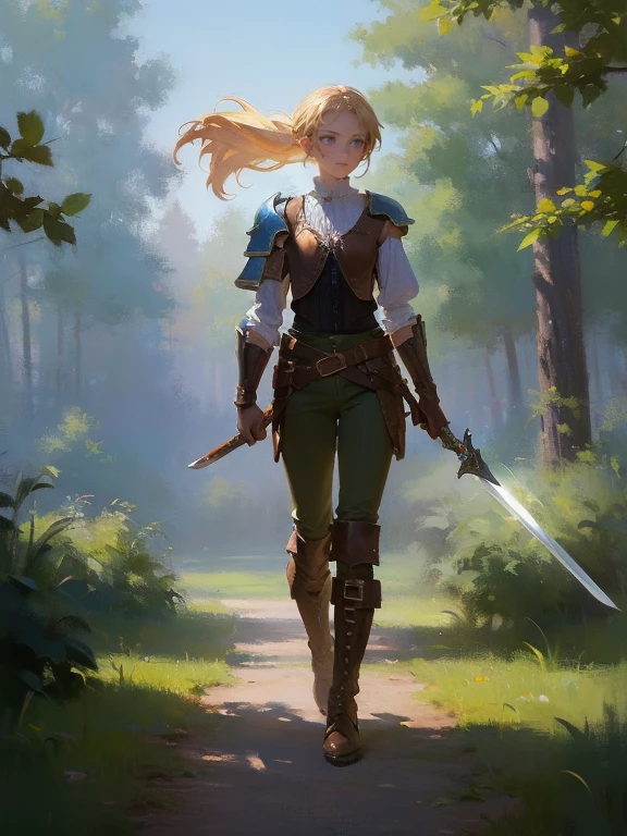 masterpiece, best quality, rpg character art, epic fantasy art style, 1 woman, Emily, (18 year old woman using wind to attack), mature and confident demeanor, full body fantasy concept art, blond hair tied in a loose ponytail, hair comes down to her mid-back, crystal blue eyes, high detail, wearing adventurer gear, fitted white blouse with a high collar, underneath a dark, form-fitting vest or tunic, (((blouse has small brown leather shoulder pads))), olive green pants with a leather belt tucked into knee-high brown learher boots, backpack, (((sword sheathed at her waist))), backpack is on her back, attire is modest but feminine, intricate details, ultra high resolution, sharp focus, HD, 8k, clear facial features, clear details, (clearing in a forest bacground with the outer edges of the image fading into brush strokes and white space), background blending outwards in a painterly style, close-up view