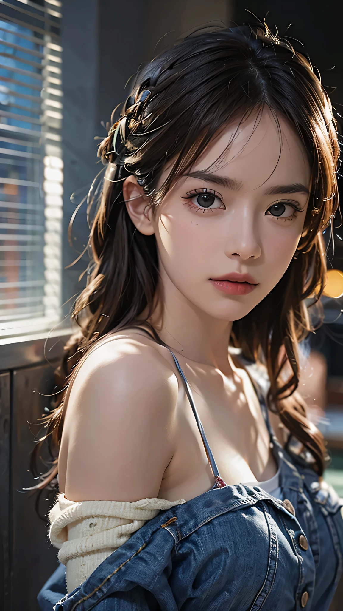 highest quality, masterpiece, Ultra-high resolution, (Realistic:1.4), RAW Photos, One girl, Off the shoulder, In the Dark, Deep Shadow, Modest, Cold Light, Detailed skin