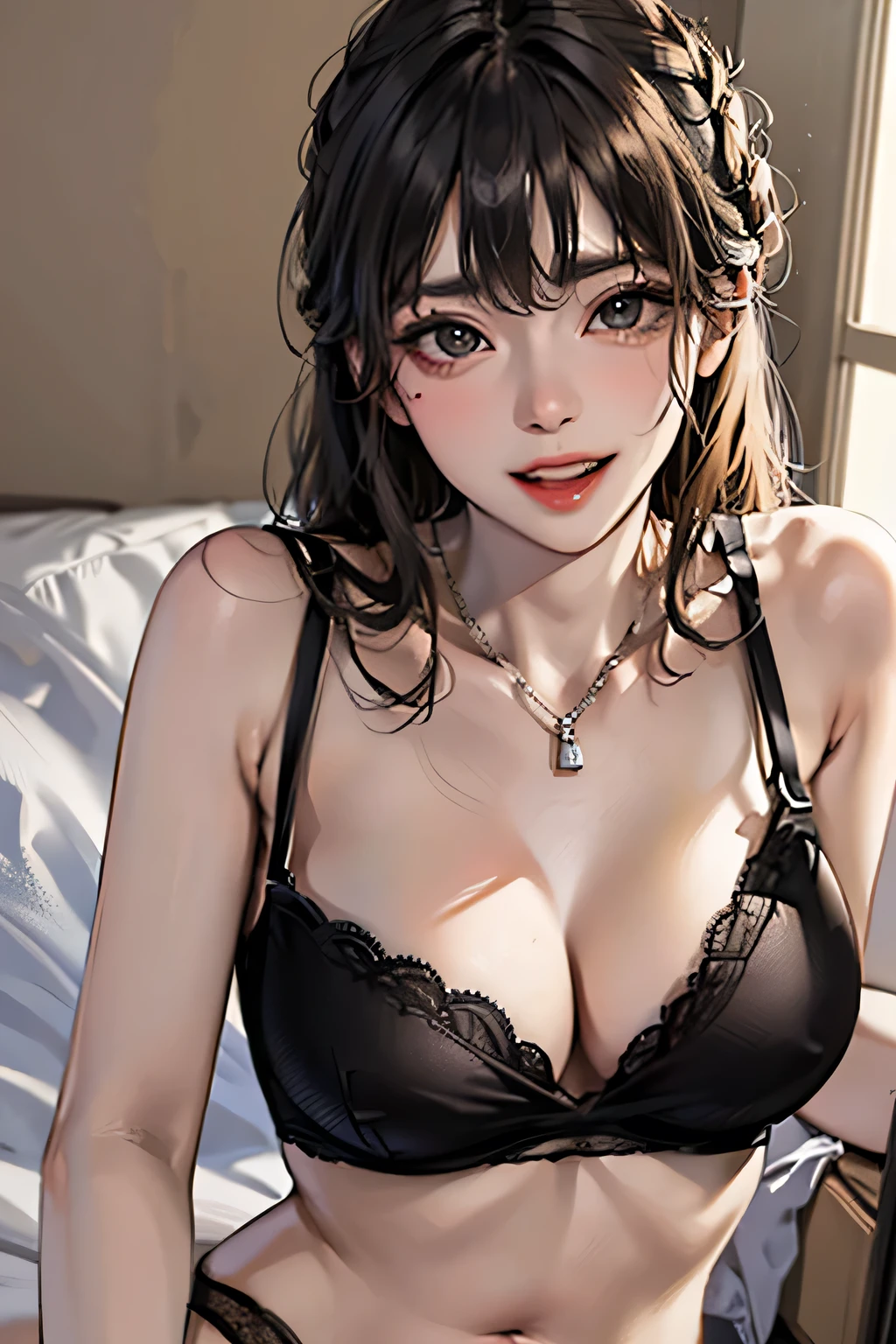 Tabletop, highest quality, Photorealistic, In detail, High resolution, 8k wallpaper, Perfect dynamic composition, Sharp focus, Surreal, Beautiful fine details, Pixie Cut Hair, Big ample breasts, Random sexy poses, Put your chest together, (Beige tight O-neck knit tank top, Black lace high cut panties), (Thighs), (Breast bulge:1.2), (grin), Open your mouth, Resort scenery, 45 years old, (drooping eyes:1.4), Adult Beauty, Japanese, simple chain necklace