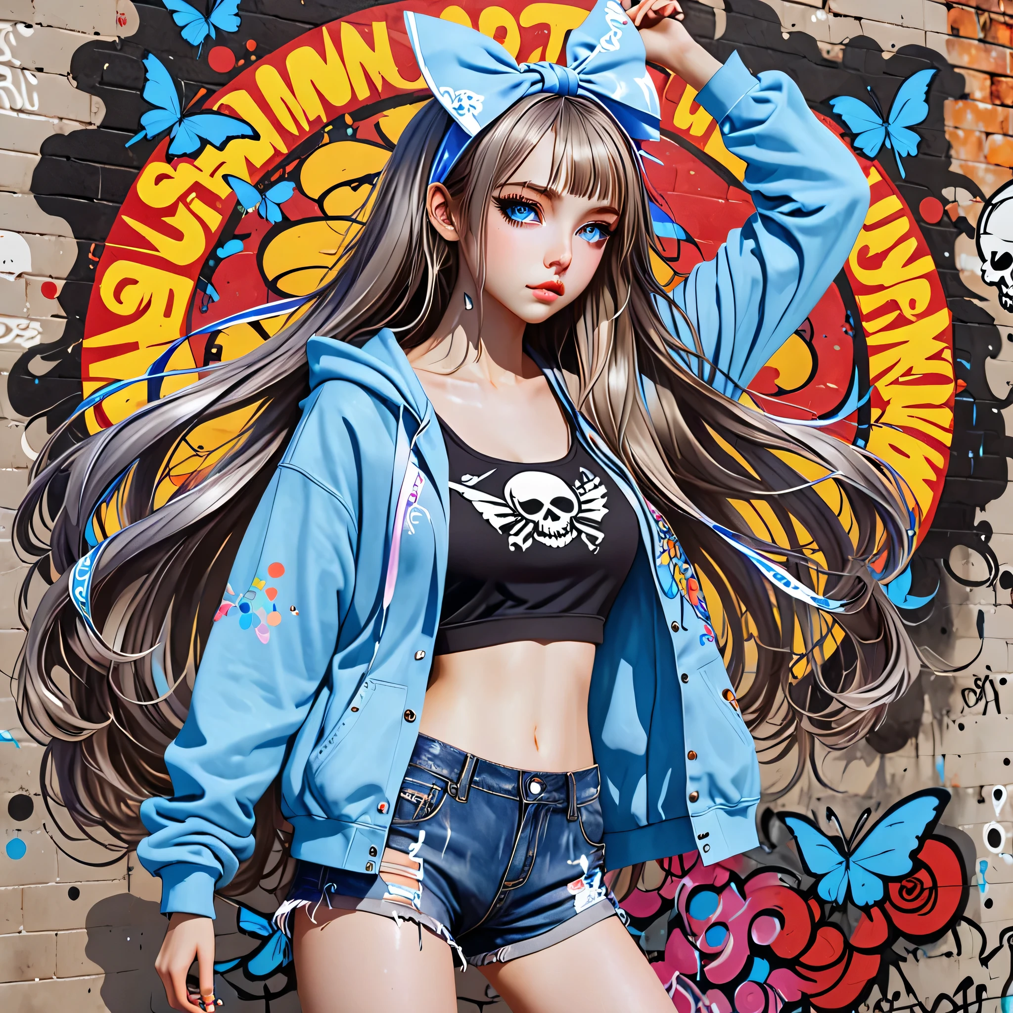 Style: Unparalleled high-precision transparent watercolor, masterpiece, super detailed, cute, Japanese animation character design,
She has light blue eyes and long hair that flutters in the wind.
Beautiful girl wears ribbons in her hair, skull hoodie, short jeans, and boots,
Graffiti on the wall
Scene is colorful and dark
General view