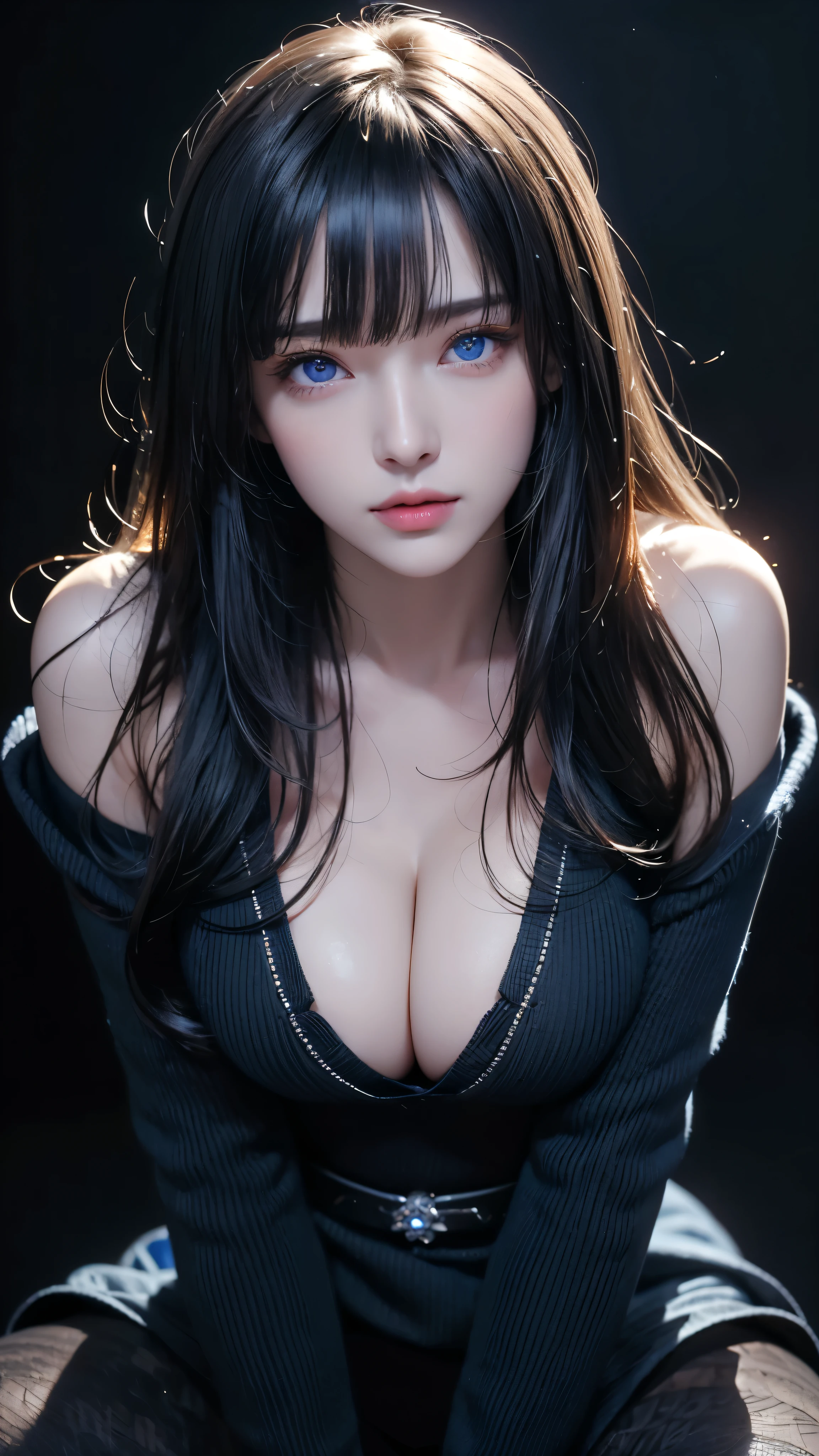 masterpiece, highest quality, Super detailed, Facing the camera, Super detailed, Realistic, Sharp features, Very detailed, Sharp focus, Perfect Face, Perfect Face, Perfect symmetrical perfect eyes, Perfect Plump Lips, Flexible female form, Cinematic, Film Light, Super detailed, hyper Realistic, masterpiece, Atmospheric, High resolution, Vibrant, Dynamic Studio Lighting, ((Dark Background)), The expression when receiving pleasure, Straight bangs, blue eyes,Black sweater, Cowboy Shot,The cleavage is visible