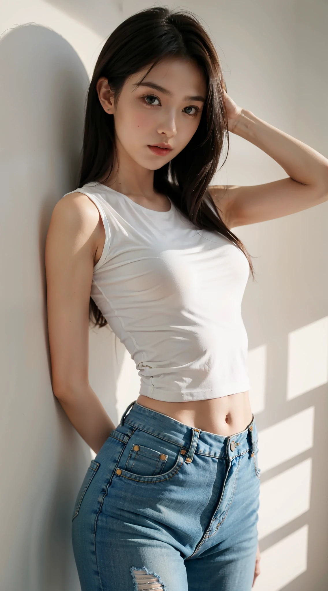 Girl posing for photo in white OK and tight denim, Put your hands behind your back, whole body, Wear with a cropped T-shirt, OK, Slim body, Smaller bust, Slim girl model, 24-year-old female model,