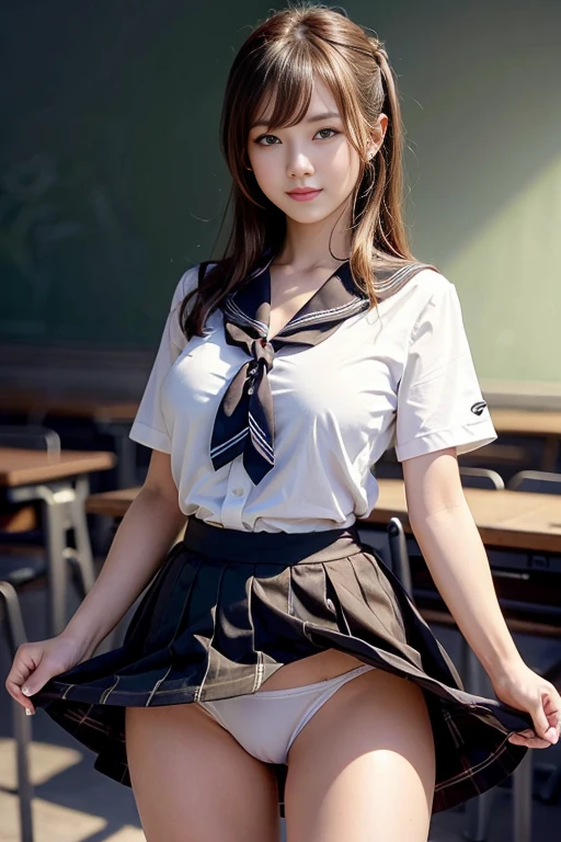 (reality: 1.4),highest quality, masterpiece, high detail, 16K quality, beautiful, 1 beautiful girl,japanese,super beautiful face,,japanese idol face,cute face,super detailed face,detailed hand,beautiful skin,oily skin,big eyes,profeccional lighting,medium hair,black hair,brown beautiful eyes, big smile,standing, (skirt lift),big breasts,(sailor suit),(checked skirt),white panties,(showing panties),black high socks,spread legs, she is looking at the camera,classroom, nsfw,from below,