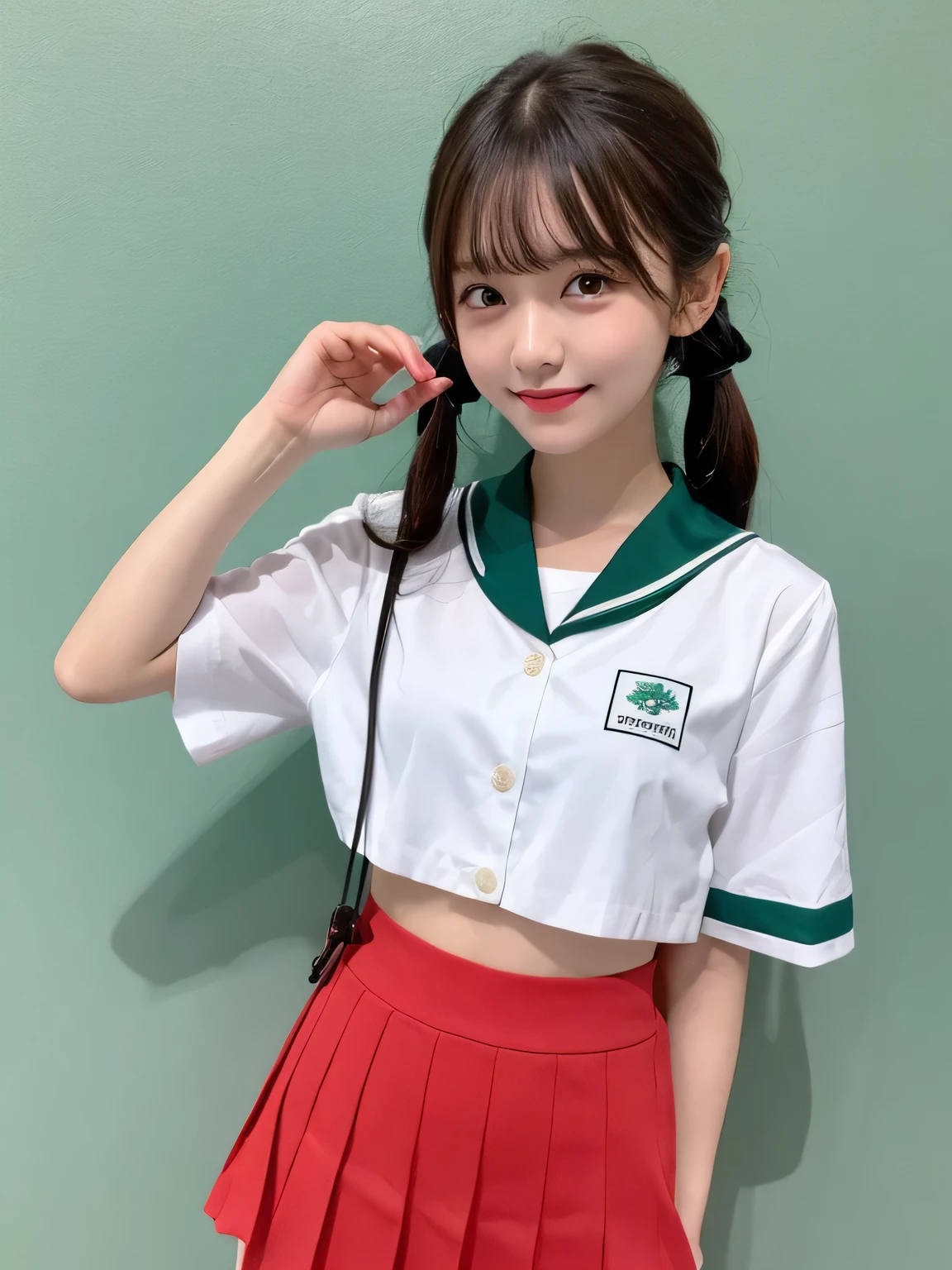 In detail,Full body photo、 One high school girl、High resolution, high quality、Slim body、Perfect dynamic composition, Beautiful fine details, Twin tails、Natural color lip,Kamimei、16-year-old girl、Clear Skin、Short-sleeved green sailor suit、Red mini skirt、Thighs、Shiny Hair、最high quality, figure, Very detailed, In detail, High resolution, 8k、The correct state of the human body、Sculpture model pose,、Thighs are visible、smile、Light blue wall、