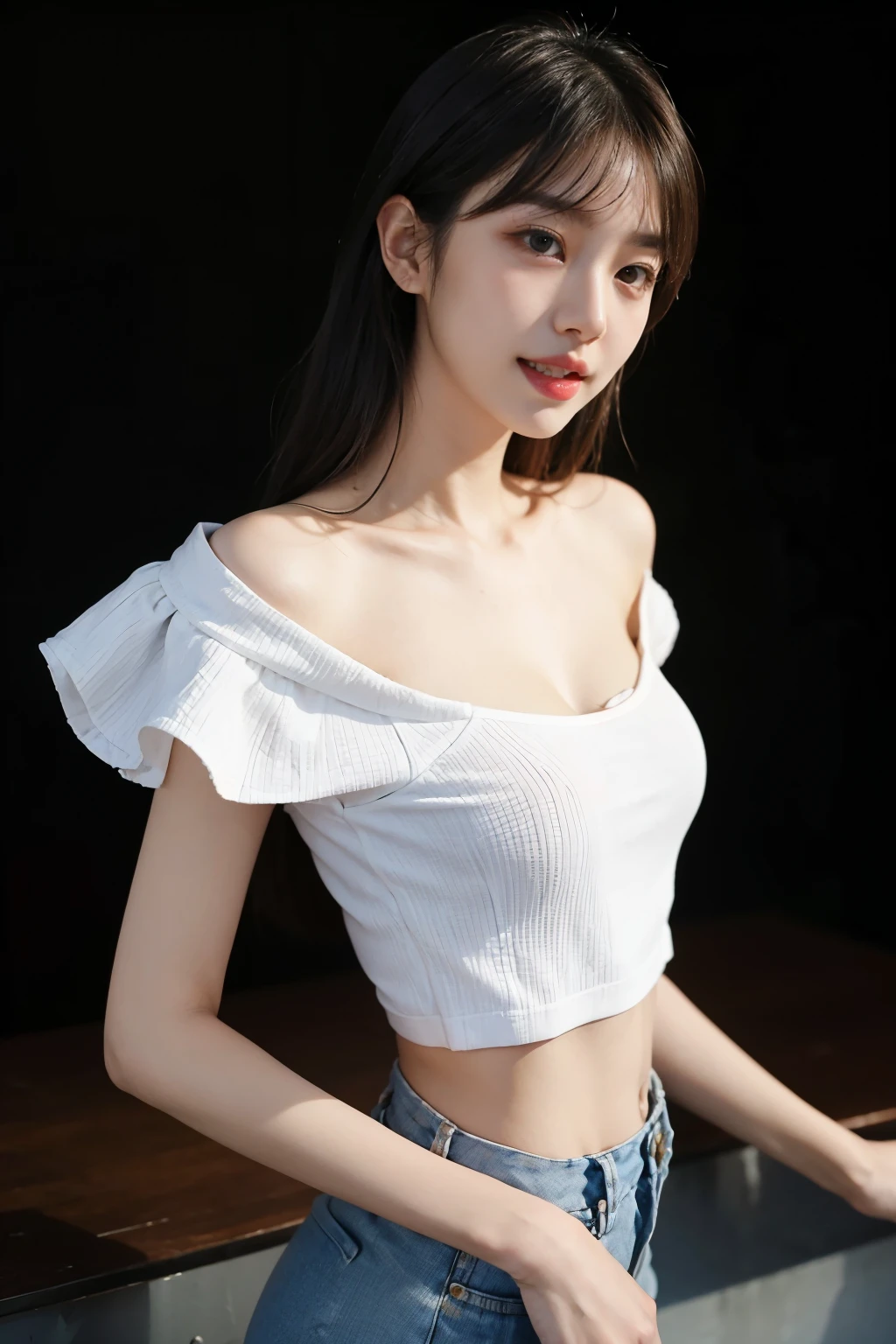 White upper teeth,Flat Bust,Thin beautiful girl,Korean famous beautiful girl idol star dancer,Shoulders exposed skin,