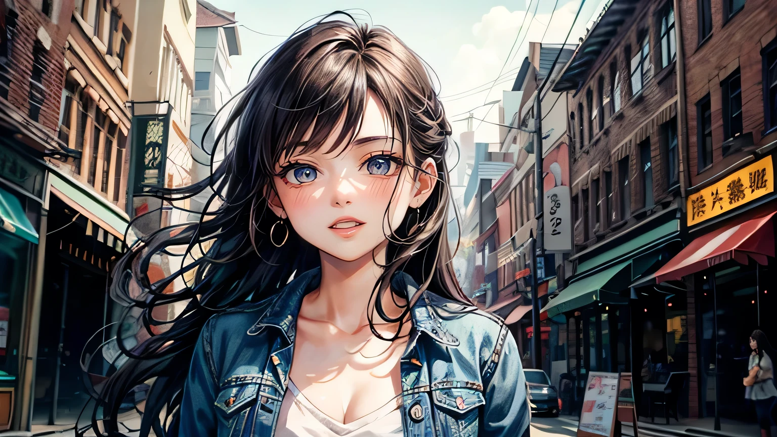 20-year-old girl, Long Hair, HIP-HOPファッション,Melting, One girl, jeans, beautiful, (Master Parts:1.2), (Better Quality:1.2), ((Happy and smiling)), Cinematic, Perfect Eyes, Perfect Skin, Perfect lighting, With a smile, Light, col, Rough skin, detailed, beauty, wonder, Super detailed, Perfect Face