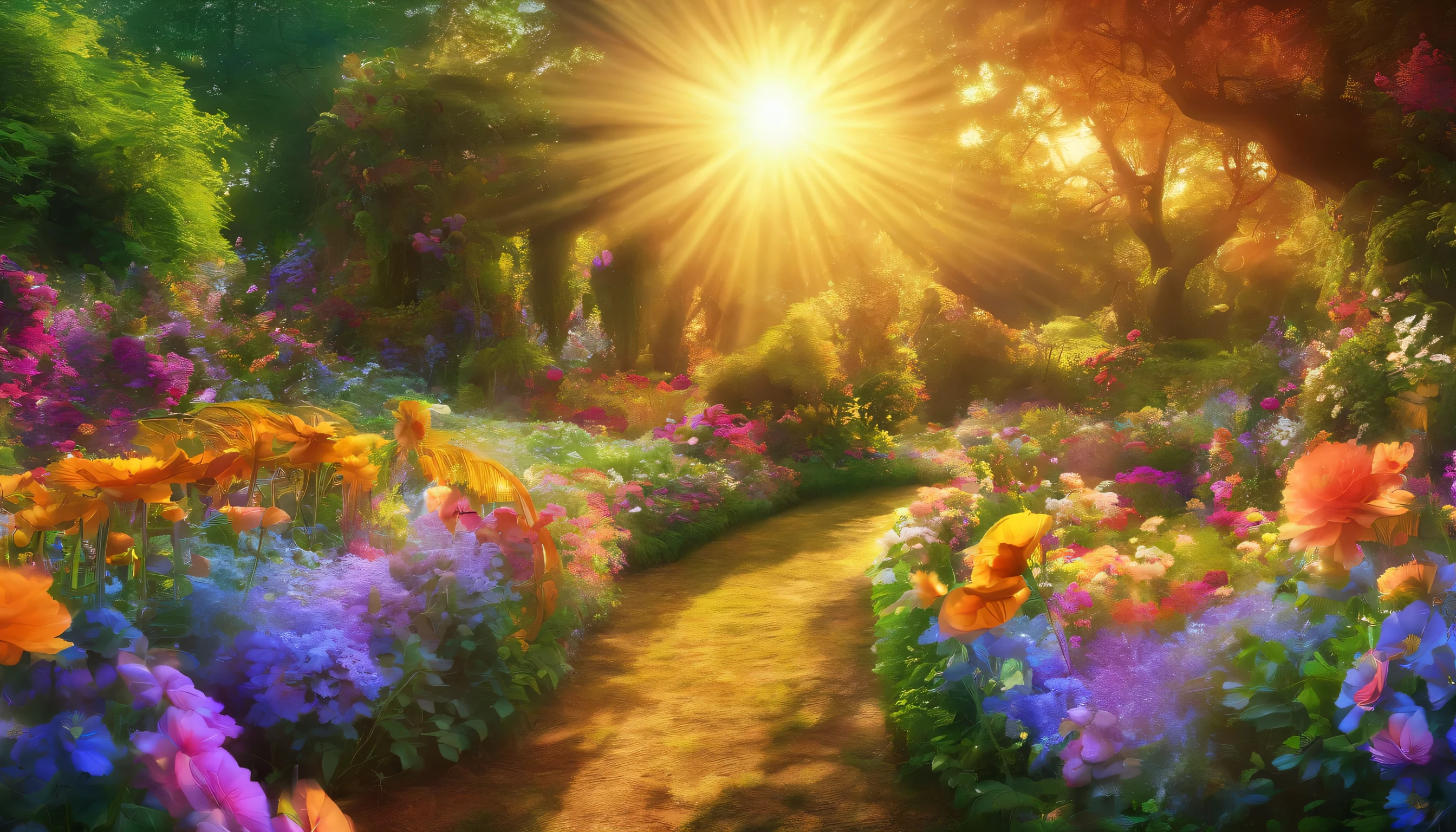 Sunshine Garden, Magical Effect, hyper realistic, flowers in the garden, high resolution, HD