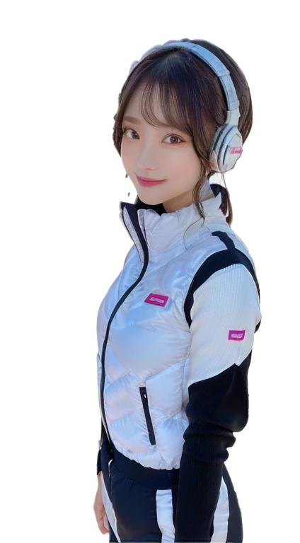 An innocent 20-year-old girl、((White tank top, Dramatic Pose)),smile,break (Spacecraft control room background):2,、break RAW Photos, (8k、highest quality、masterpiece:1.2)、(Intricate details:1.4)、(Realistic:1.4)、Octane Rendering、Complex 3D rendering with ultra-detail, Studio Soft Light, Rim Light, Crisp details, Super detailed, Realistic skin texture, detailed aspects, Beautiful details in the eyes, Highly detailed CG Unity 16k wallpaper, Compensate, (Detailed Background:1.2), Glowing Skin, whole body、(Astro Best):2,(Black long sleeve):5,headphone,Smart Watches,((Stand with your hands folded behind your back、Leaning forward、Top view))
