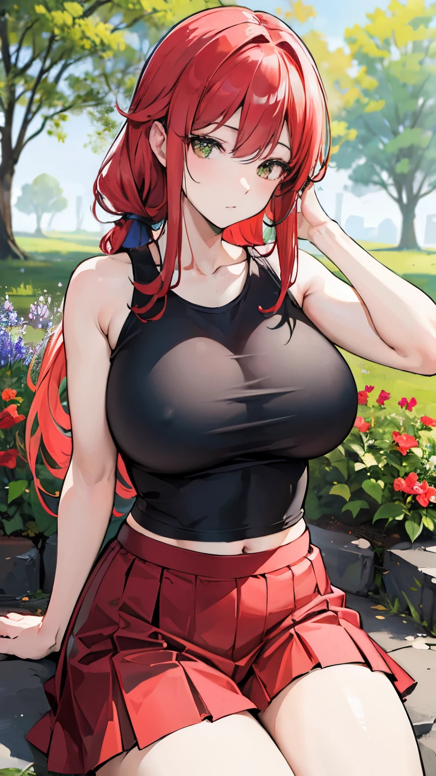 (best quality,4k,8k,highres,masterpiece:1.2),ultra-detailed,(realistic,photorealistic,photo-realistic:1.37),sexy red haired girl,long hair, pony tail,yellow eyes, platted skirt, tank top, portraits,soft lighting,vibrant colors,beautiful garden,green grass,blooming flowers,sunlight filtering through the trees,carefree expression,peaceful atmosphere anime girl.