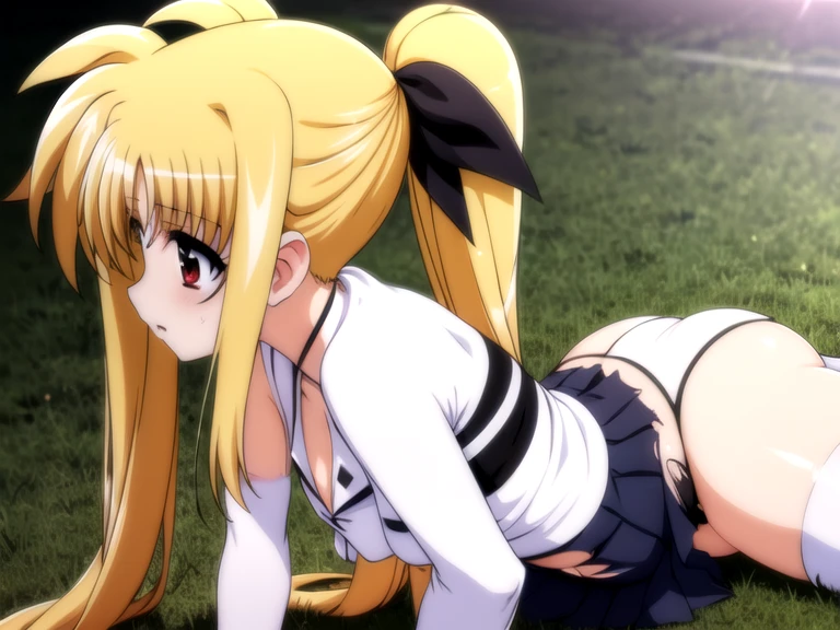 (ultra-highdetail, 8k quality, best quality, extremely detailed illustration,intense shadows), old, nsfw, nipple, see through clothes, torn clothes, front open clothes,  (Fate Testarossa, Magical Girl Lyrical Nanoha, red eye, long twintails, blonde hair, black ribbon, ), (torn white panties, torn very short white pleated skirt, zettai-ryouiki, torn white thighhighs),  cameltoe, five fingers, embarrassed, cameltoe, open leg, ass focus,