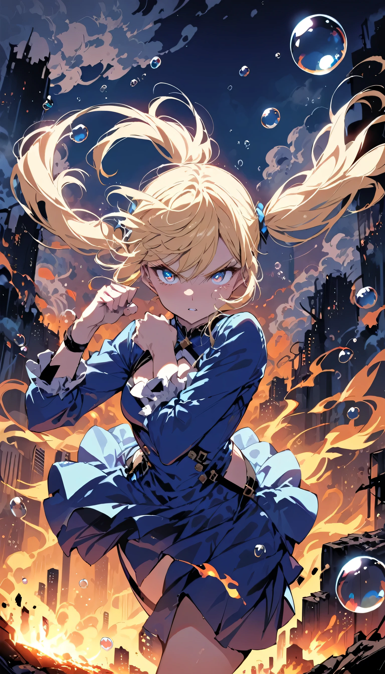 masterpiece, highest quality, bubble, Blue clothes, Blonde twin tails, Pretty face, Highly detailed eyes, Intense expression, Fighting Pose, Destroyed city, A distant fire, Rising Smoke,