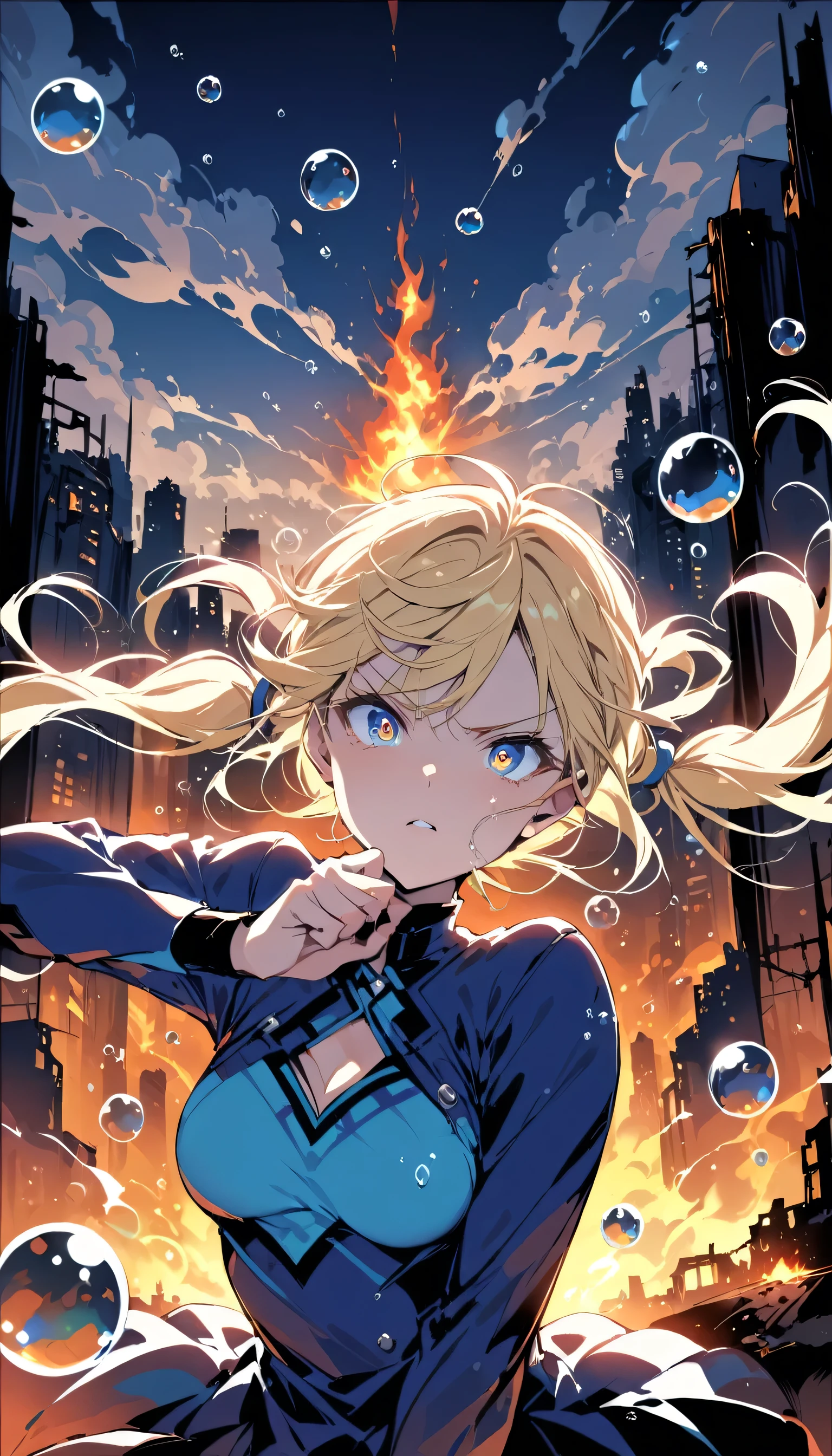 masterpiece, highest quality, bubble, Blue clothes, Blonde twin tails, Pretty face, Highly detailed eyes, Intense expression, Fighting Pose, Destroyed city, A distant fire, Rising Smoke, 