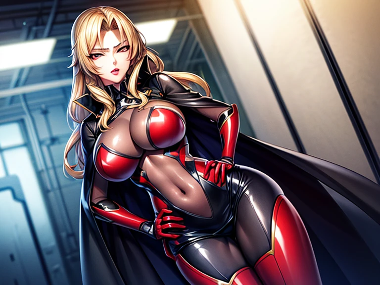 1girl,Alicia Viewsrtream,red lips,see-through bodysuit, red-black cape, red impossible clothes,red elbow gloves,red thigh boots,incredibly absurdres,Volumetric Lighting,moody lighting,thighs,realistic,reality, futuristic interiors, monitors, hand on hip
