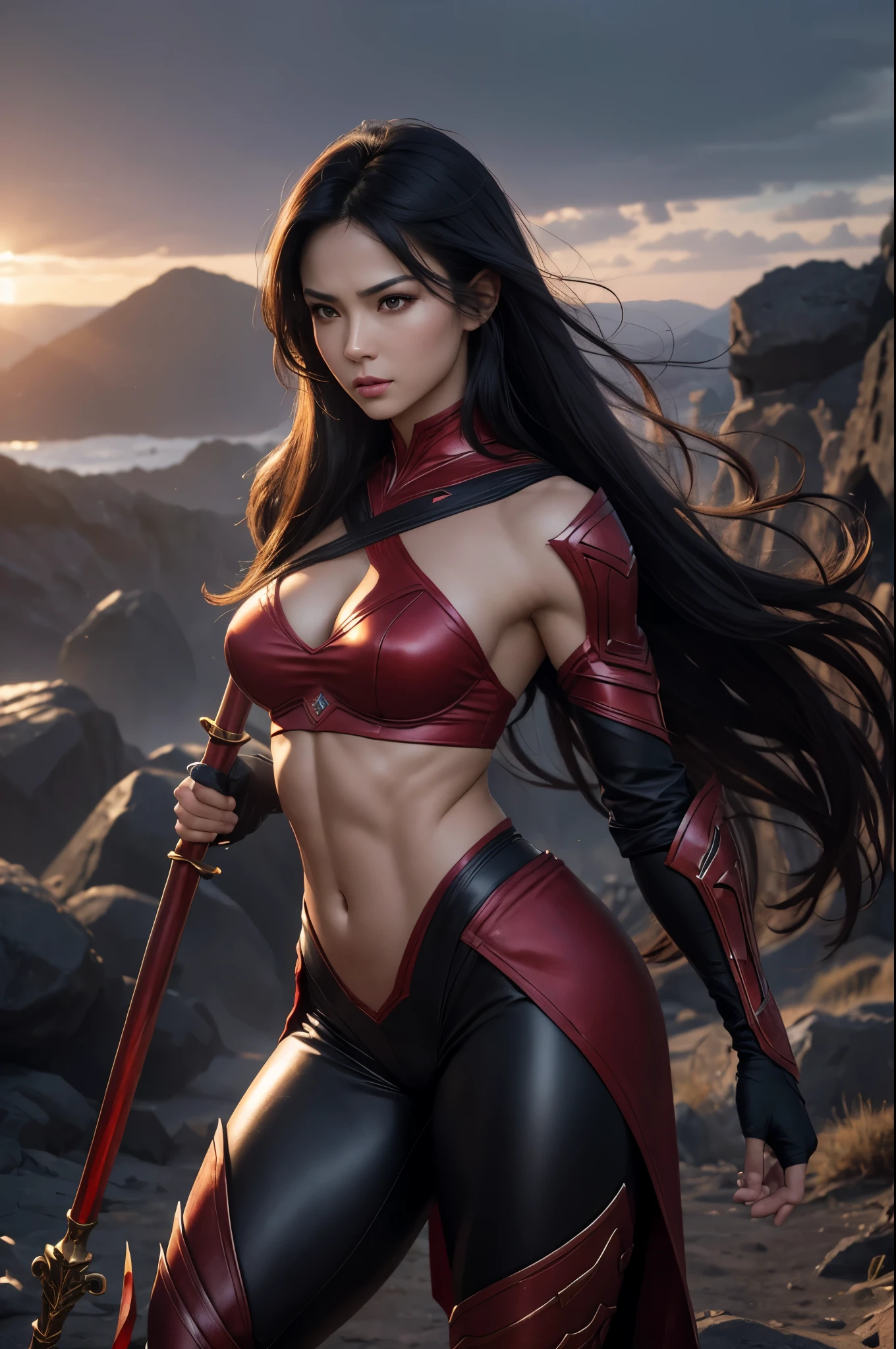8K,Dark-haired ethnic female demon slayer,Super Beauty(Like the real thing),Sexy Demon Slayer Costume,Toned, muscular body,Holds a long and large spear,Perfect Anatomy,charm,Volume measurement,Body balance,Digital single-lens reflex camera, Soft lighting, Detailed Background, Written boundary depth, Volumetric lighting, Sharp focus, Absurd, Realistic proportions, Excellent anatomy, (Realistic, 超Realistic:1.4), 16K HDR, dawn,A High Resolution,super Realistic 肌,Super beautiful expression,Fantasy art,Character Art,Wind effects:1.9、Cloud Effect:1.2、Full Rendering、Professional quality high resolution、Perfect contrast、Perfect lighting、Perfect composition、Perfect Skin、Perfect Fingers、Perfect breasts、Perfect Hair、Perfect Face、Realistic facial features,super highest quality,Slim figure,Perfect body line,Perfect hand shape,Anatomical body balance,Highly detailed face,Highly detailed eyes,Beautiful Lips,Excellent light particles,Cinema Lighting,Makeup,Ultra-high resolution,Ultra-Realistic Skin,Muscle Body,Hard and strong abs,Combat trousers,Black and red battle outfit,Angry expression,Combat Ready,Overflowing with power,