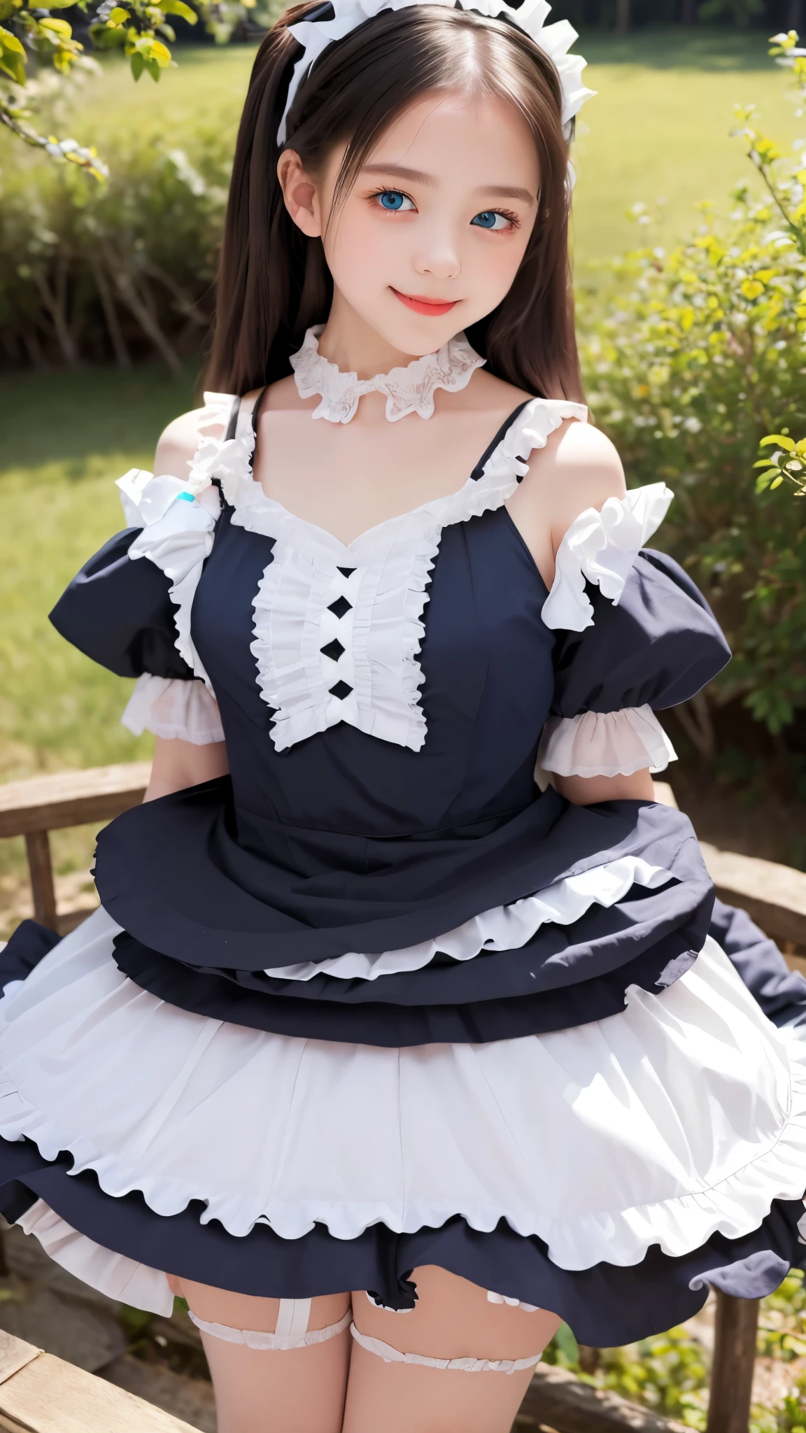 ((Real Photo Quality))、((masterpiece)), ((highest quality、Ultra high definition)), (Very detailed),8K、Photo quality、(((Amazingly cute girl))), 16-year-old girl, (Beautiful emerald blue eyes), (smile),Glossy lips、In the open-air bath overlooking the sea, Beautifully arranged black hair in twin tails、Lace fabric ribbon、whole body、((Super high-end white see-through summer gothic lolita maid costume、A super mini skirt with lots of frills))、Professional Lighting、(White lace knee-highore detailed and beautiful)、(More details and cutenesore realistic)、
