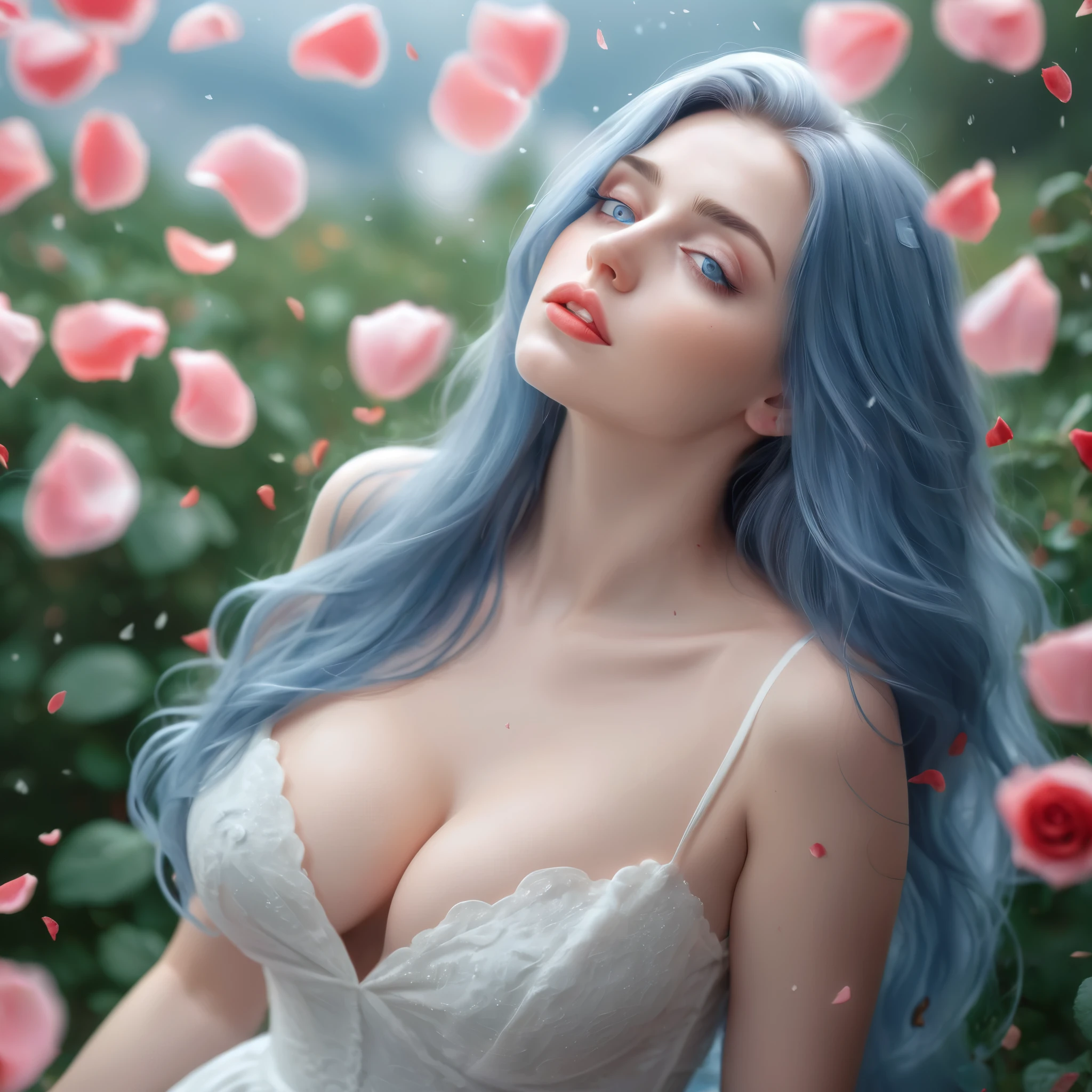 (best quality, realistic, ultra-detailed), a beautiful woman, large breasts, looking up, hair blowing in the wind, and red rose petals falling. perfect makeup, detailed eyes, and lips, long flowing blue hair and blue eyes, graceful pose, vibrant colors, soft lighting, romantic atmosphere, elegant and confident expression, delicate features, flowing dress, natural surroundings, dreamy ambiance. canon eos r3, 20 megapixels