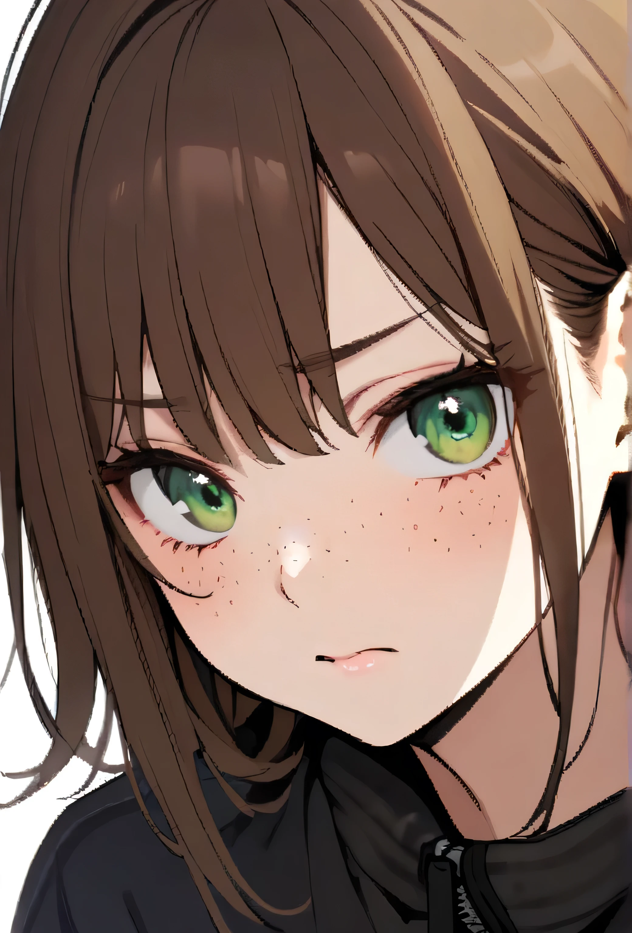 female, short, messy brown hair, green eyes, freckles, black tracksuit