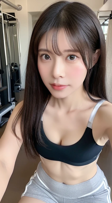 ((highest quality、8k、masterpiece:1.5))、((Esbian all over:1.8))、((Beautiful healthy legs))、Beautiful thighirror)、One Girl、Blunt bangs、(Symmetrical face)、Ultra detailed face、Very sophisticated mouth、(Elaborate navel)、Detailed eyes、Detailed ears、Slim face、(Selfie:1.3)、(look up)、(From above)、(Sports Bra:1.5)、((Shorts))、(Black straight long hair、Ahoge:1.3)、(Upward glance)、The background is blurred、Lip gloss、(sports gym)、(Flat Chest)