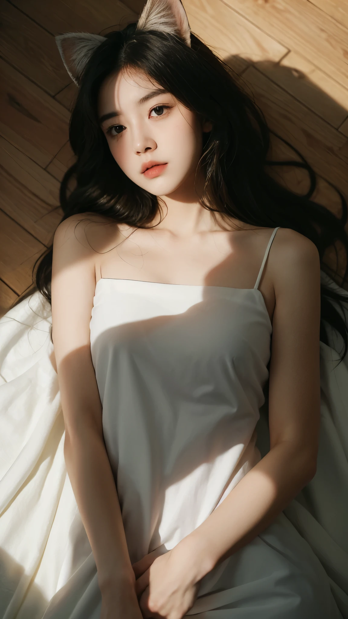 Best quality,masterpiece,Ultra-high resolution,RAW photos, Cat ears,cute,In the light,deep shadow,Low profile,Cold Light,sexy look,Long hair,((best quality: 1.5)) ((masterpiece: 0.8)), Intricate details, Clear focus, professional, real life, Real facial expression, Dynamic poses, ((([Large breasts:0.8])))),((Sleep on the floor))