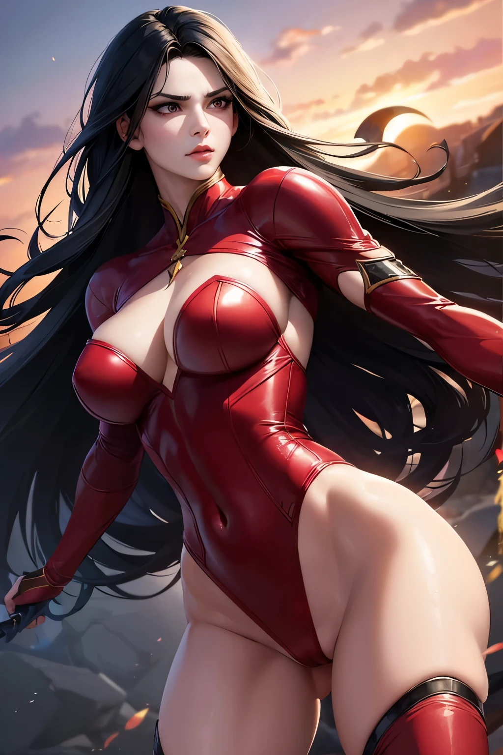 8K,Dark-haired ethnic female demon slayer,Super Beauty(Like the real thing),Sexy Demon Slayer Costume,Toned, muscular body,Holds a long and large spear,Perfect Anatomy,charm,Volume measurement,Body balance,Digital single-lens reflex camera, Soft lighting, Detailed Background, Written boundary depth, Volumetric lighting, Sharp focus, Absurd, Realistic proportions, Excellent anatomy, (Realistic, 超Realistic:1.4), 16K HDR, dawn,A High Resolution,super Realistic 肌,Super beautiful expression,Fantasy art,Character Art,Wind effects:1.9、Cloud Effect:1.2、Full Rendering、Professional quality high resolution、Perfect contrast、Perfect lighting、Perfect composition、Perfect Skin、Perfect Fingers、Perfect breasts、Perfect Hair、Perfect Face、Realistic facial features,super highest quality,Slim figure,Perfect body line,Perfect hand shape,Anatomical body balance,Highly detailed face,Highly detailed eyes,Beautiful Lips,Excellent light particles,Cinema Lighting,Makeup,Ultra-high resolution,Ultra-Realistic Skin,Muscle Body,Hard and strong abs,Combat trousers,Black and red battle outfit,Angry expression,Combat Ready,Overflowing with power,fist,