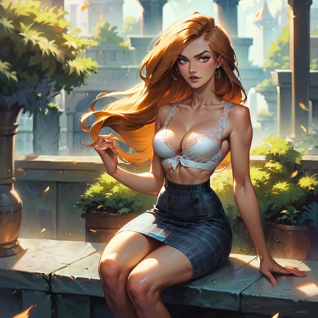 score_9, score_8_up, score_7_up, score_6_up, score_5_up, (high quality, detailed, beautiful), detailed soft lighting, rating_safe, 1girl, Kim Possible, (sitting in class:1.5), sexy plaid skirt, white blouse, cleavage.