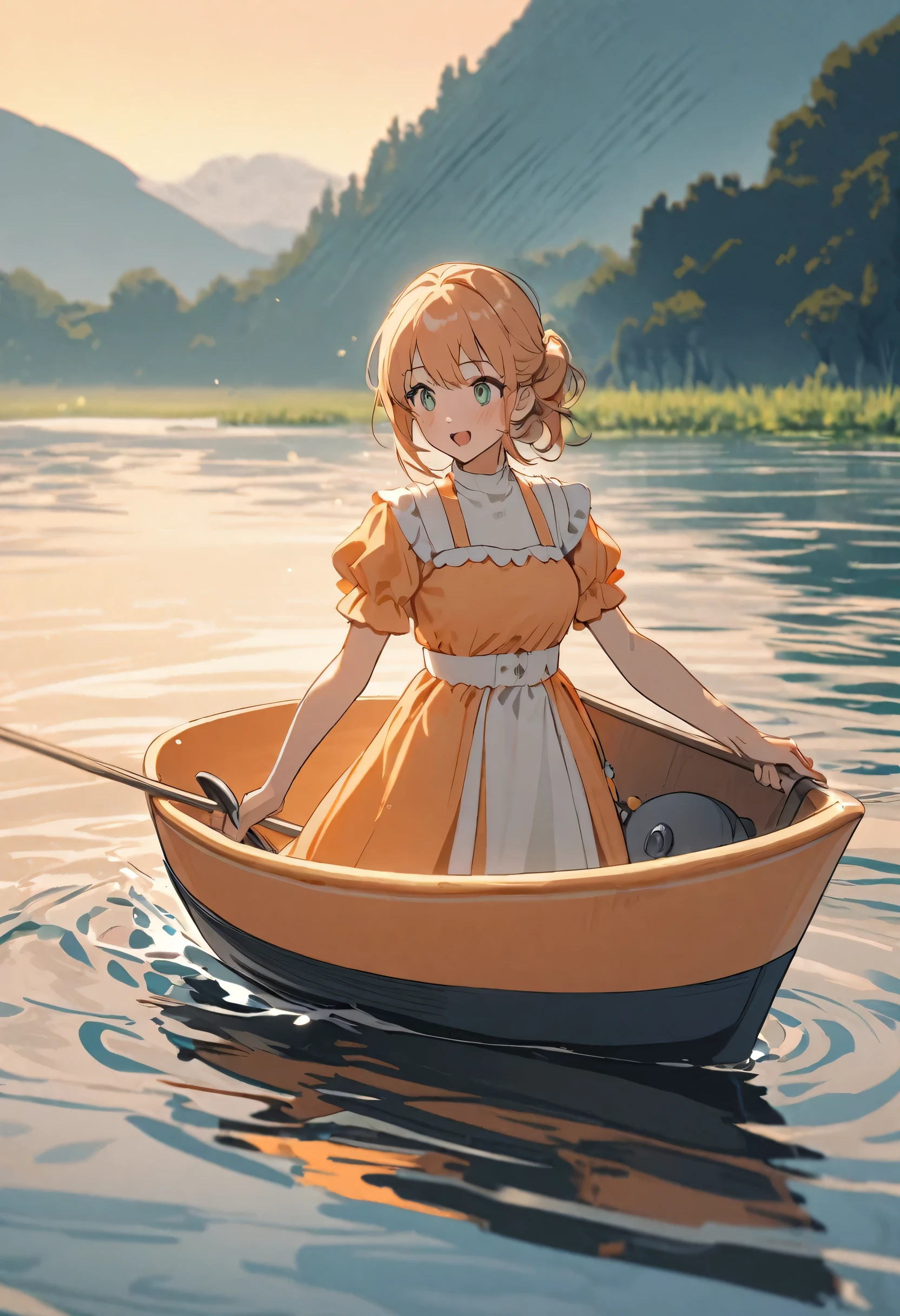 A lady wearing a pastel orange dress is riding a small boat in a lake.