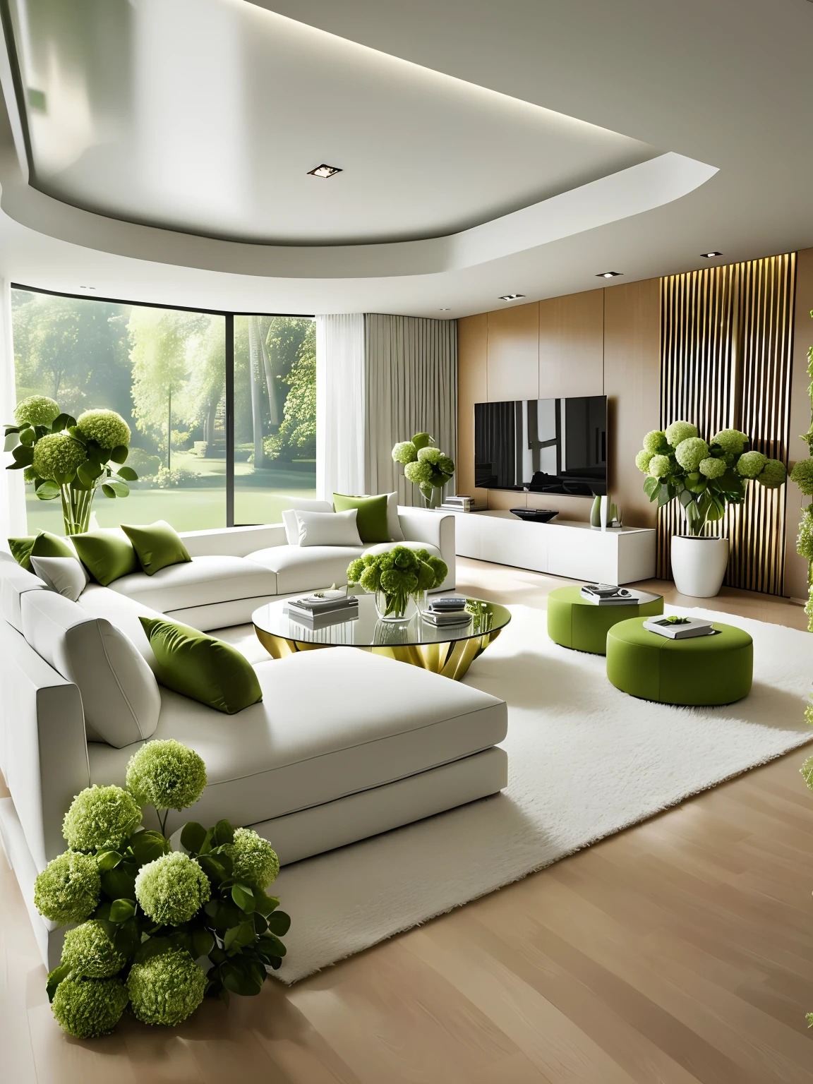 there is a living room with a lot of green flowers in it, modern interior design, interior design living room, living room interior design, modern living room, popular interior design style, bright modern style, fresh modern style, in style of 3d render, interior design, stunning 3 d render, stunning 3d render, living room interior, beautiful 3d render