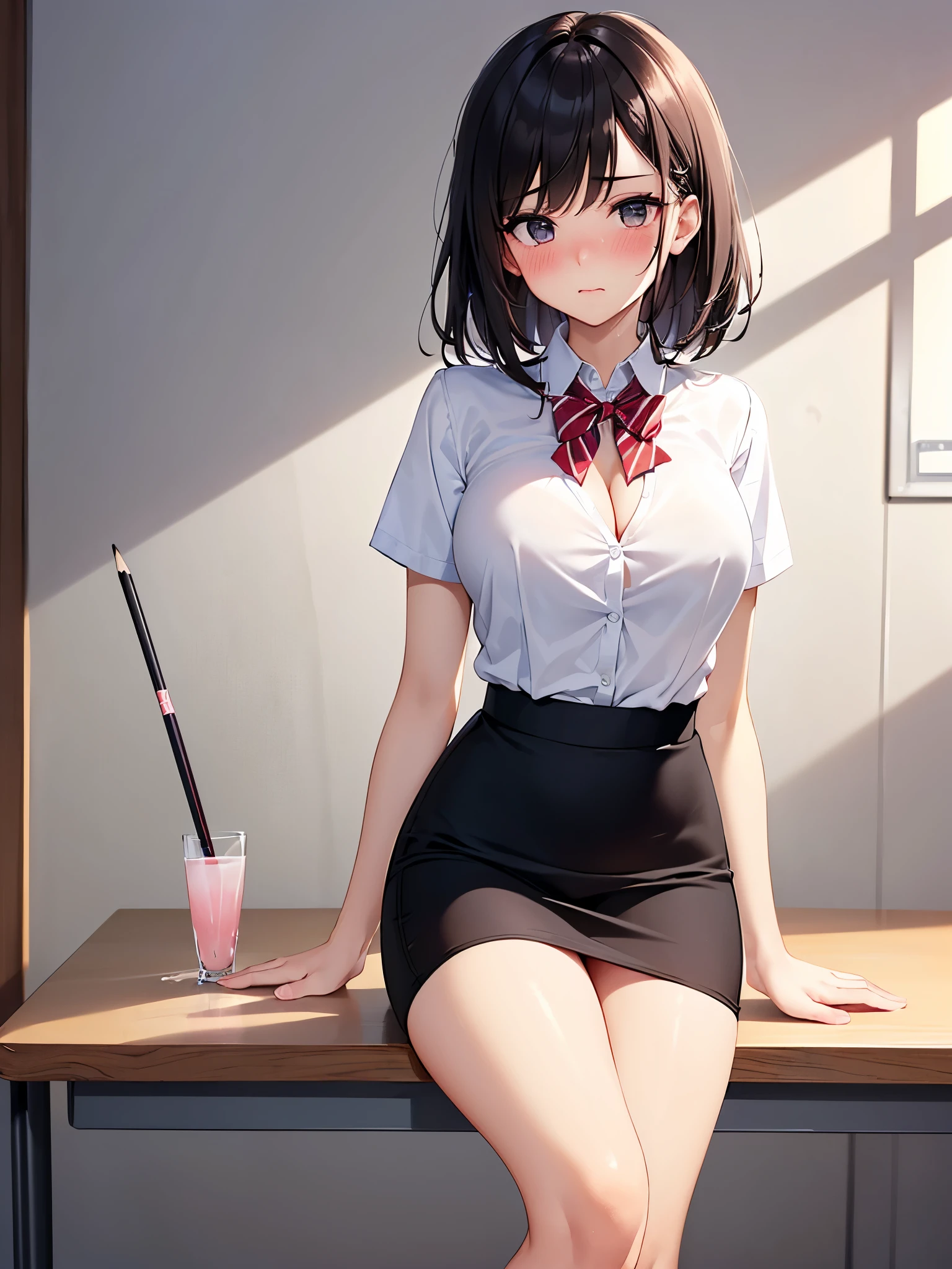 (office lady, bow, Short sleeve, White shirt, Pencil Skirt, Best:1.2), (Slender)、20-year-old、masterpiece、highest quality、(8k, High resolution:1.1), Detailed beautiful face、Beautiful dark eyes、(embarrassed:1.4), blush, (Front opening of the shirt, Showing off your bra), (Embrace your chest:1.1, (pussy juice:1.1), (Inner thighs:1.5), (side glance:1.5), Long, slender legs