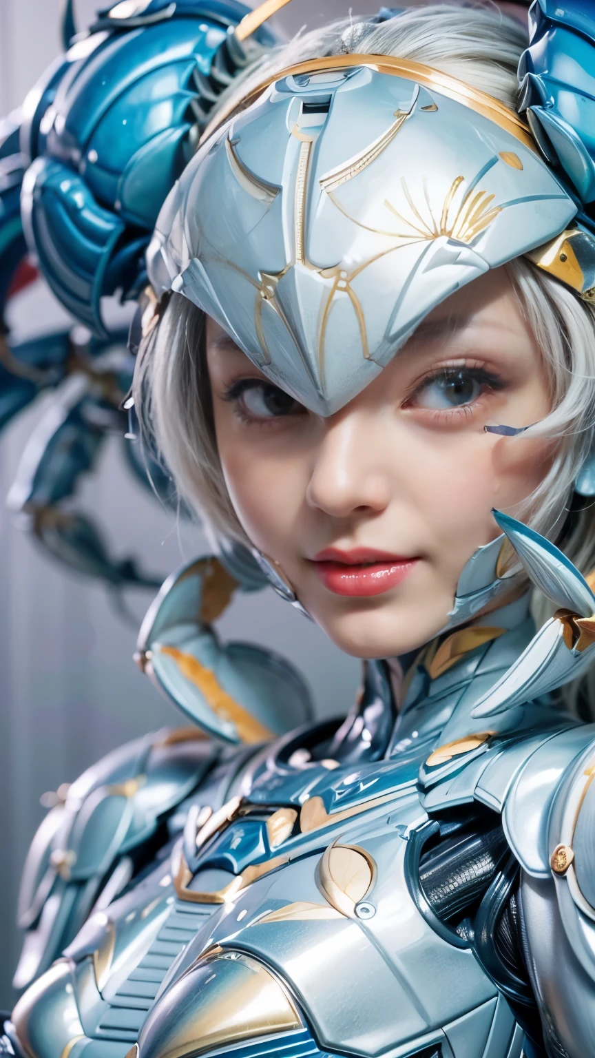 (high resolution,masterpiece,best quality,extremely detailed CG,),(japanese girl face), realistic, photo, amazing fine details, all intricate, gloss and shiny,awesome many layers, 8k wall paper, 3d, kawaii, ( solo:1.4), perfect female proportion,villainess, (fusion of crab and lady:1.4), (crab form lady:1.2), (crab lady:1.2), (fusion:1.2), (solo:1.4), (smile:1.2), muscular, abs, (crab exoskeleton bio insect suit:1.4), (crab blue exoskeleton bio insect armor:1.2), (blue crab antennae:1.3),