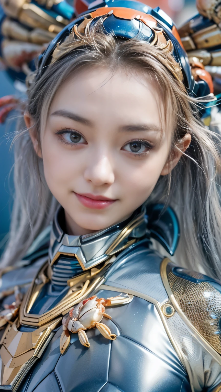 (high resolution,masterpiece,best quality,extremely detailed CG,),(japanese girl face), realistic, photo, amazing fine details, all intricate, gloss and shiny,awesome many layers, 8k wall paper, 3d, kawaii, ( solo:1.4), perfect female proportion,villainess, (fusion of crab and lady:1.4), (crab form lady:1.2), (crab lady:1.2), (fusion:1.2), (solo:1.4), (smile:1.2), muscular, abs, (crab exoskeleton bio insect suit:1.4), (crab blue exoskeleton bio insect armor:1.2), (blue crab antennae:1.3),