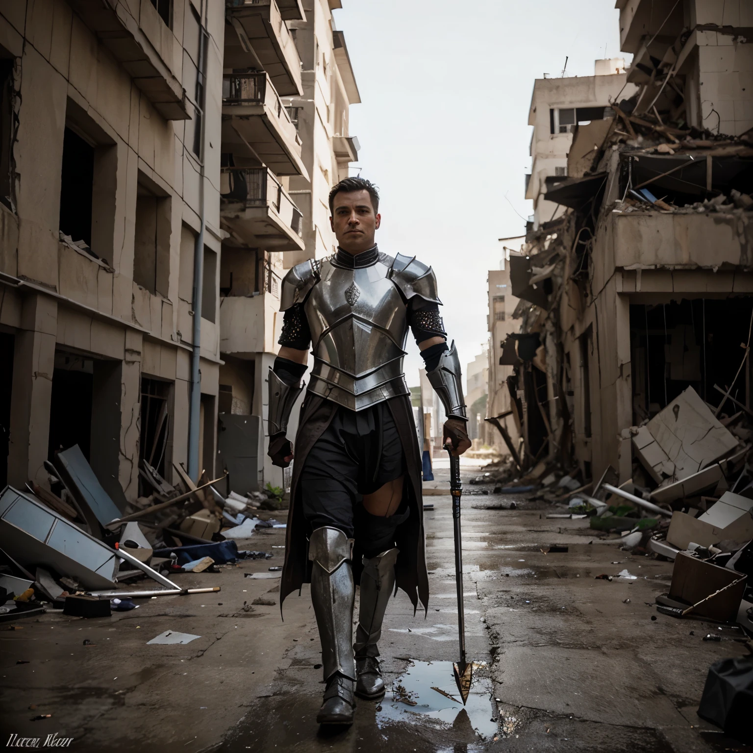 draw a picture of a man wearing majestic armor and carrying excalibur standing in a destroyed world
