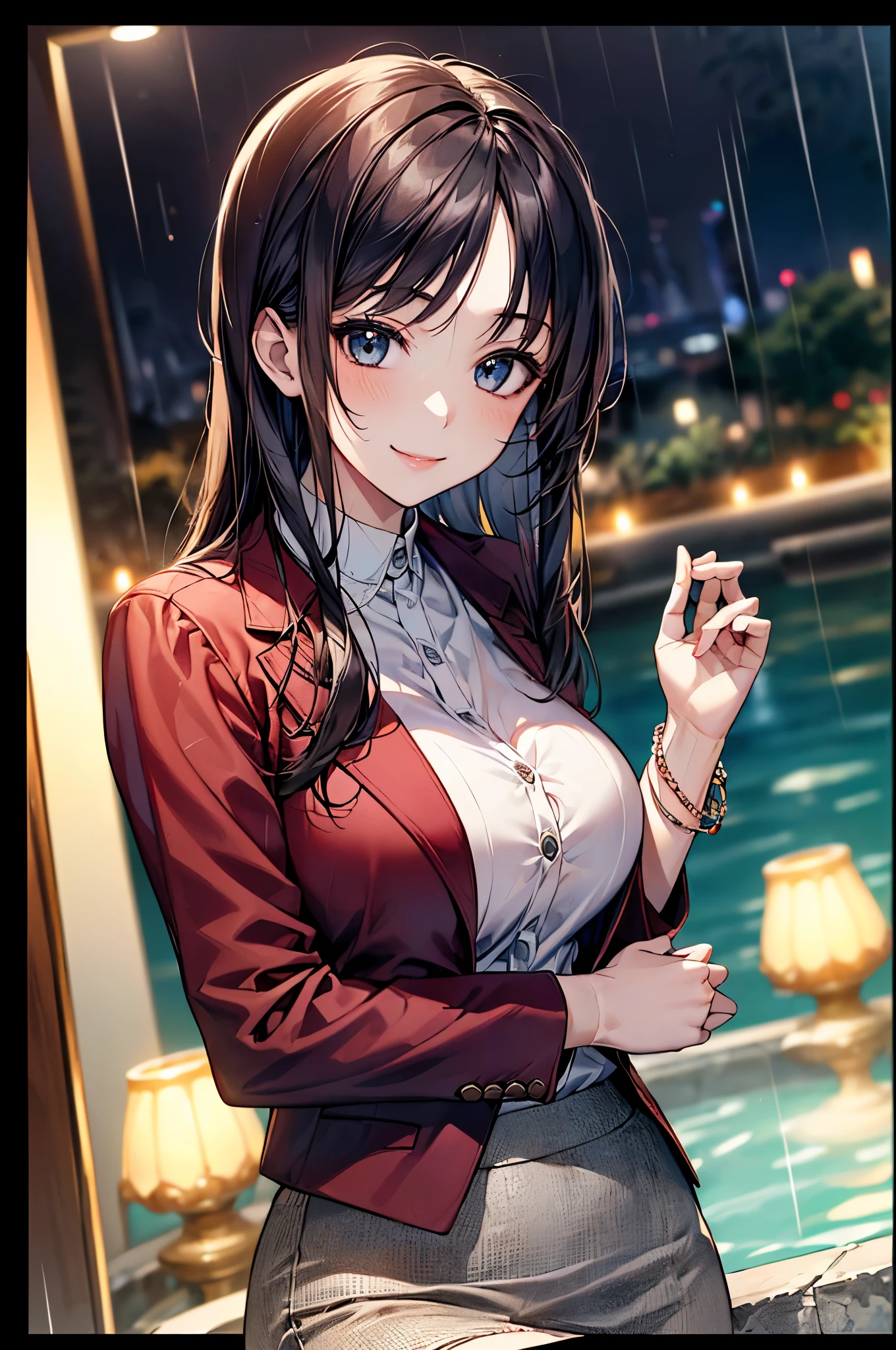 ((Biologically correct limb count))、(( whole body including face))、4K、Masterpiece、((Focus on the face))、((Symmetrical, well-proportioned facial features))、Eyes with delicate depictions、(((1 person)))、Beautiful woman、Outstanding style、Slender Body、(High heels with anklets)、(((red jacket、blazer、shirt、Checked Skirt、stockings))、(((Huge fountain with white framed photo)))、(Shy、smile）、Upper body close-up、(Sidelong glance)、High angle、night、rain