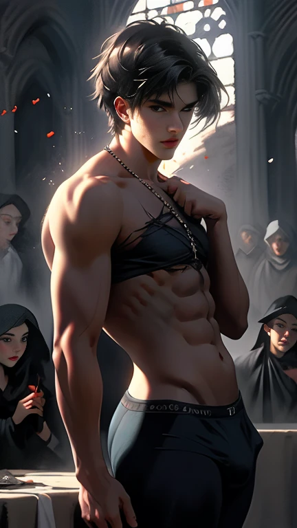 In Medieval monastery Boy A 19-year-old novice is tempted by a demon in the form of a handsome muscular man, watercolor, in the style of Caravaggio, beautiful, erotic, seduces, masterpiece, athletic, young man, in torn panties, slips, Erotic.