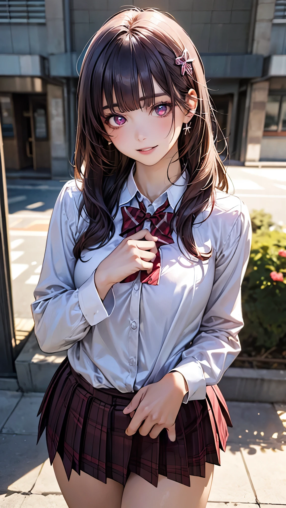 (masterpiece:1.2, top-quality), ultra high res, ultra detailed, (realistic, photorealistic:1.4), beautiful illustration, perfect lighting, natural lighting, depth of fields, ,
looking at viewer, full body, 1 girl, japanese, high school girl, perfect face, (perfect anatomy, anatomically correct, super detailed skin), cute and symmetrical face, face, shiny skin,
(long hair, curvy hair, pastel purple hair), blunt bangs, maroon eyes, long eye lasher, (medium breasts:0.6, thin thighs), slender,
beautiful detailed hair, beautiful face, beautiful detailed eyes, beautiful clavicle, beautiful body, beautiful chest, beautiful thigh, beautiful legs, beautiful detailed hands, (five fingers)
(detailed cloth texture, long sleeve white collared shirt, over plaid red pleated skirt break red bowtie), flower hair ornament,
(beautiful scenery), summer, evening, (behind the school building), (lovely smile, parted lips),