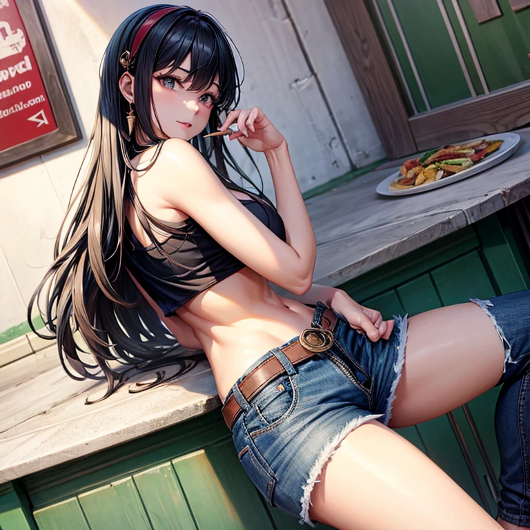 A topless woman wearing full-zip shorts eats a tlayuda at a taco stand Jeans have a belt With side slits Big Ass