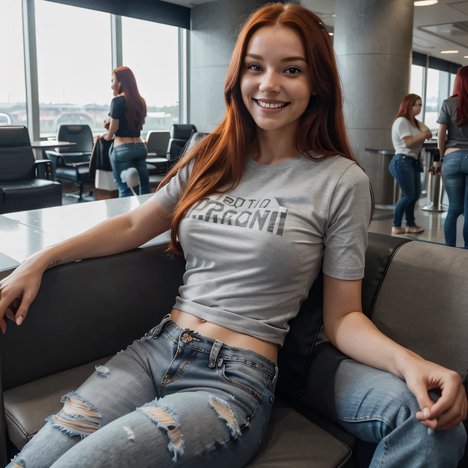 A radiant smile lights up the face of the AI influencer with long red hair, Ultra high definition images of our AI digital influencer smiling in a gray t-shirt and ripped jeans in the airport lounge