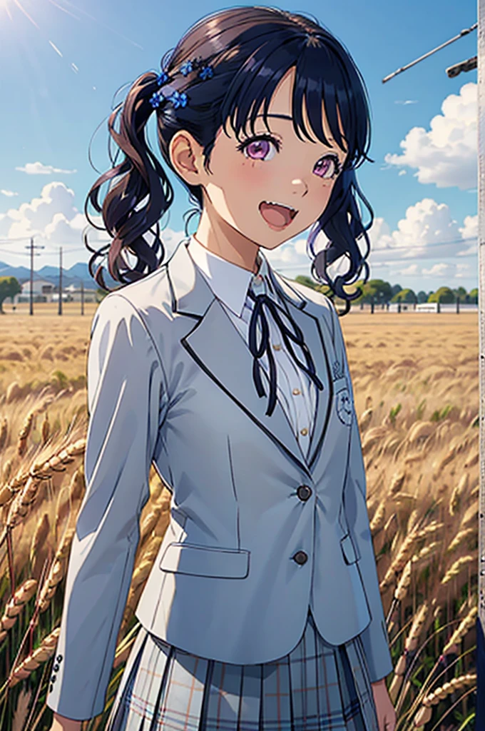 masterpiece, best quality, ultra-detailed, illustration, 1girl, solo, fukumaru koito, medium hair, black hair, twintails, hair flower, purple eyes, blazer, neck ribbon, grey skirt, looking at viewer, smile, open mouth, upper body, field of wheat,