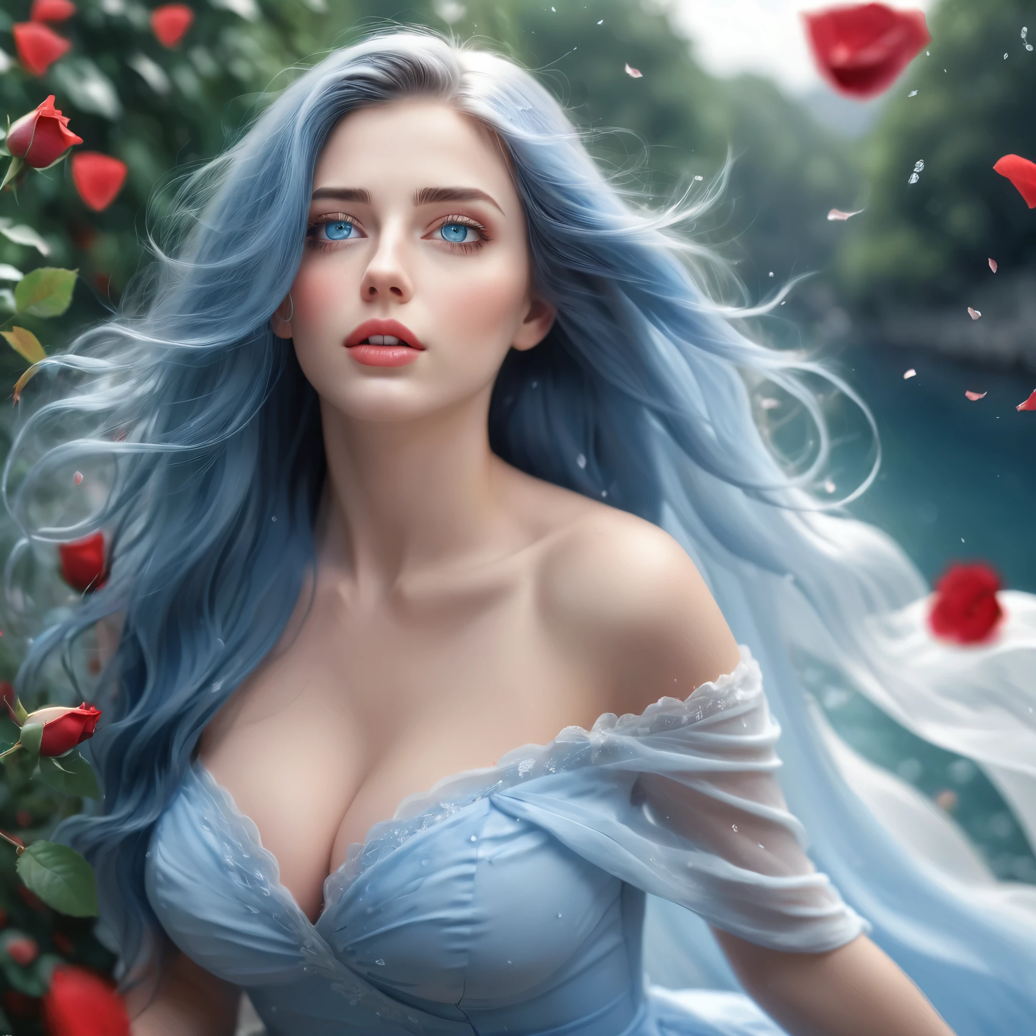 (best quality, realistic, ultra-detailed), a beautiful woman, large breasts, looking up, hair blowing in the wind, and red rose petals falling. perfect makeup, detailed eyes, and lips, long flowing blue hair and blue eyes, graceful pose, vibrant colors, soft lighting, romantic atmosphere, elegant and confident expression, delicate features, flowing dress, natural surroundings, dreamy ambiance. canon eos r3, 20 megapixels