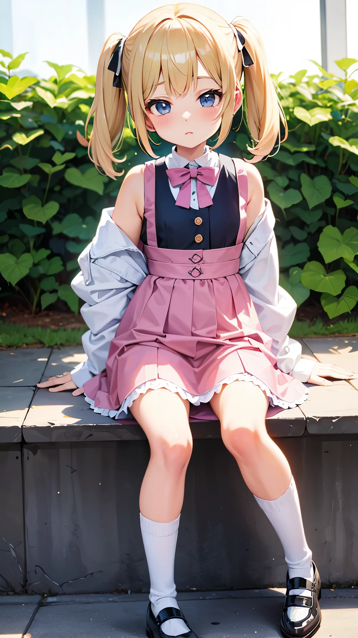 Short blond hair with pigtails, cute girl, kawaii outfit, short skirt, fluffy white socks