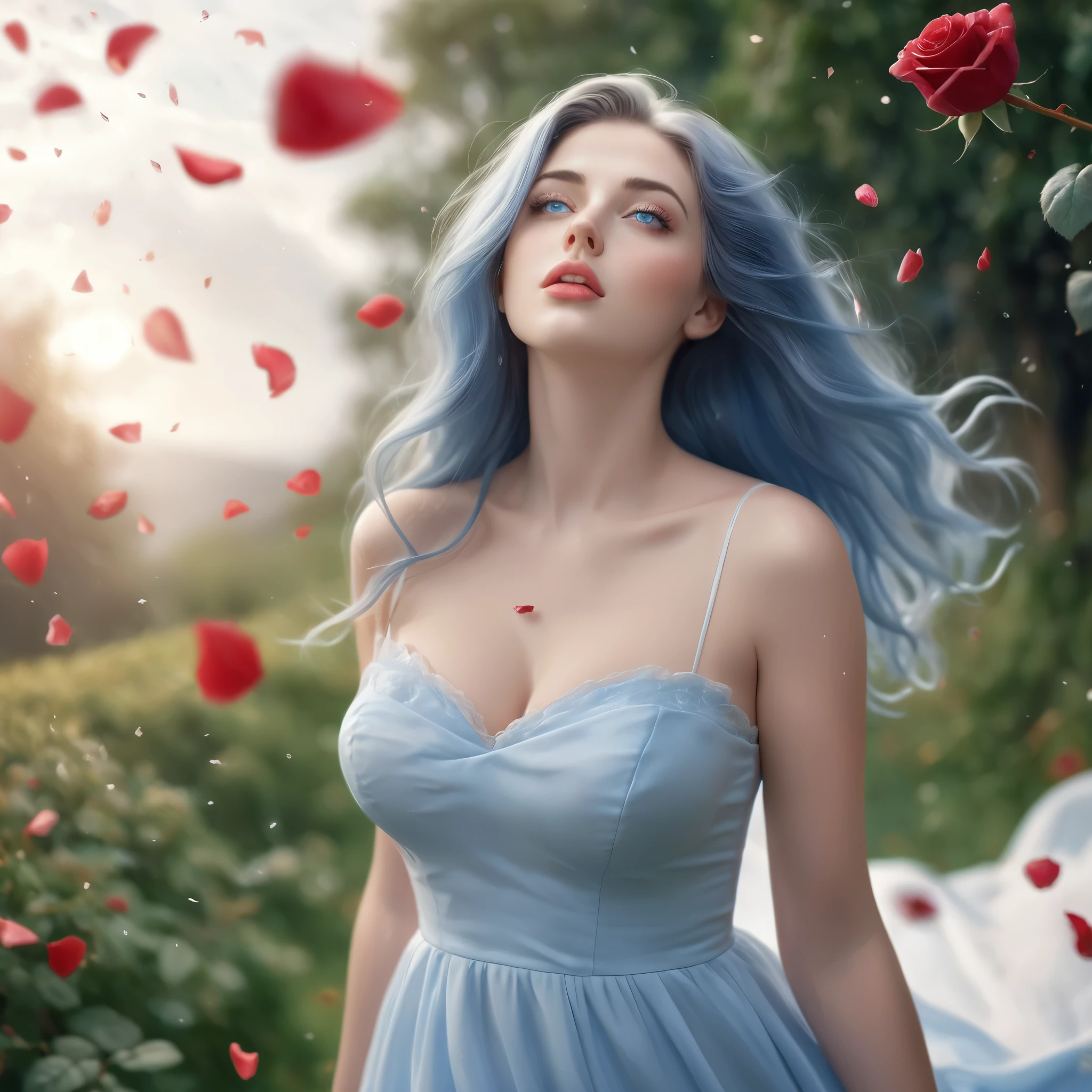 (best quality, realistic, ultra-detailed), a beautiful woman, large breasts, looking up, hair blowing in the wind, and red rose petals falling. perfect makeup, detailed eyes, and lips, long flowing green hair and blue eyes, graceful pose, vibrant colors, soft lighting, romantic atmosphere, elegant and confident expression, delicate features, flowing dress, natural surroundings, dreamy ambiance. canon eos r3, 20 megapixels