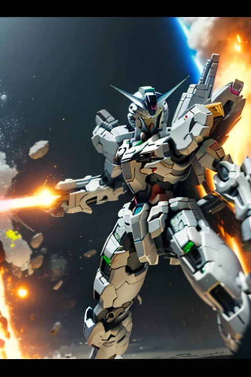 3Dillustration((4K)),Japanese animation severely damaged by fierce fighting,A scene of Gundam being hit by a beam rifle