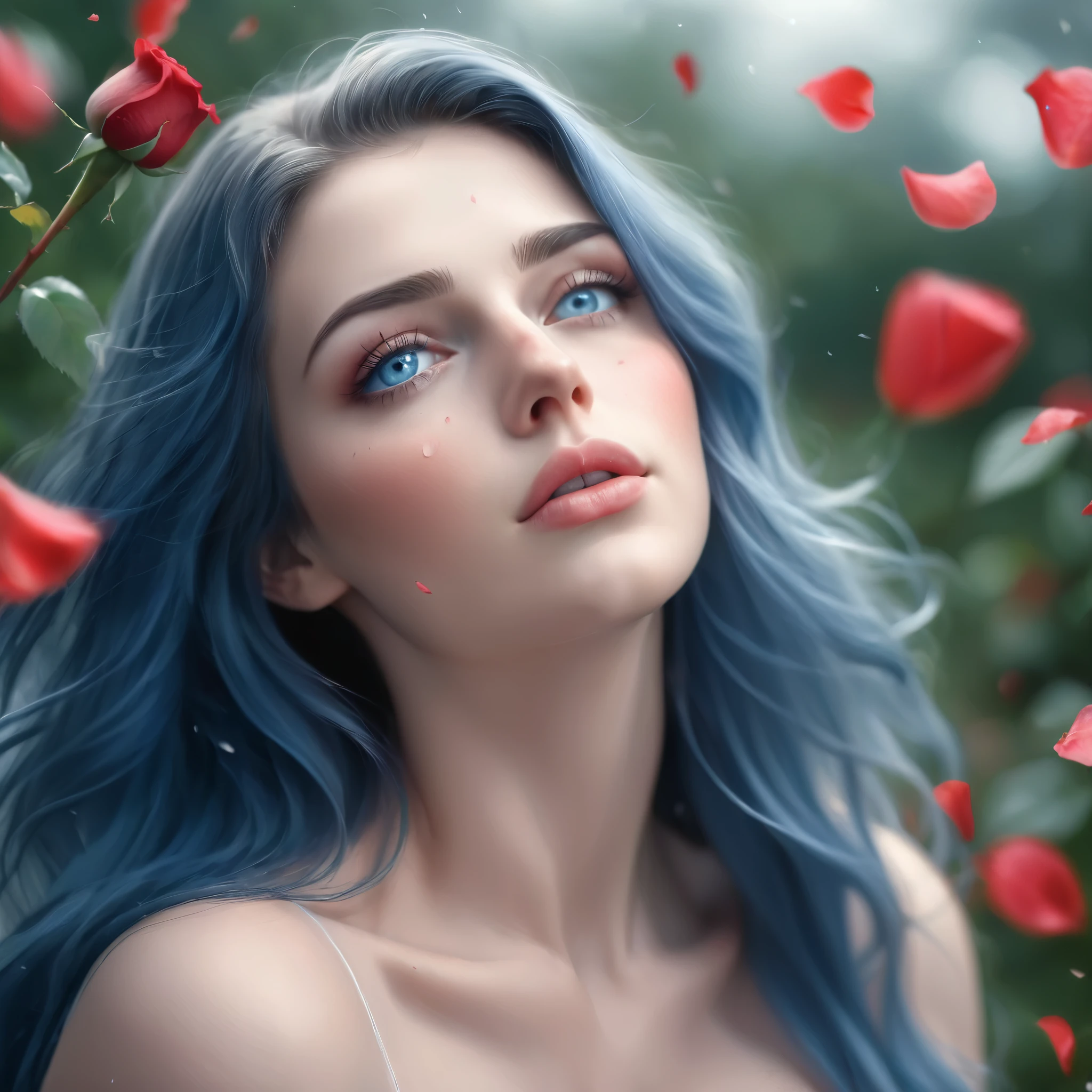 (best quality, realistic, ultra-detailed), a beautiful woman, large breasts, looking up, hair blowing in the wind, and red rose petals falling. perfect makeup, detailed eyes, and lips, long flowing blue hair and blue eyes, graceful pose, vibrant colors, soft lighting, romantic atmosphere, elegant and confident expression, delicate features, flowing dress, natural surroundings, dreamy ambiance. canon eos r3, 20 megapixels