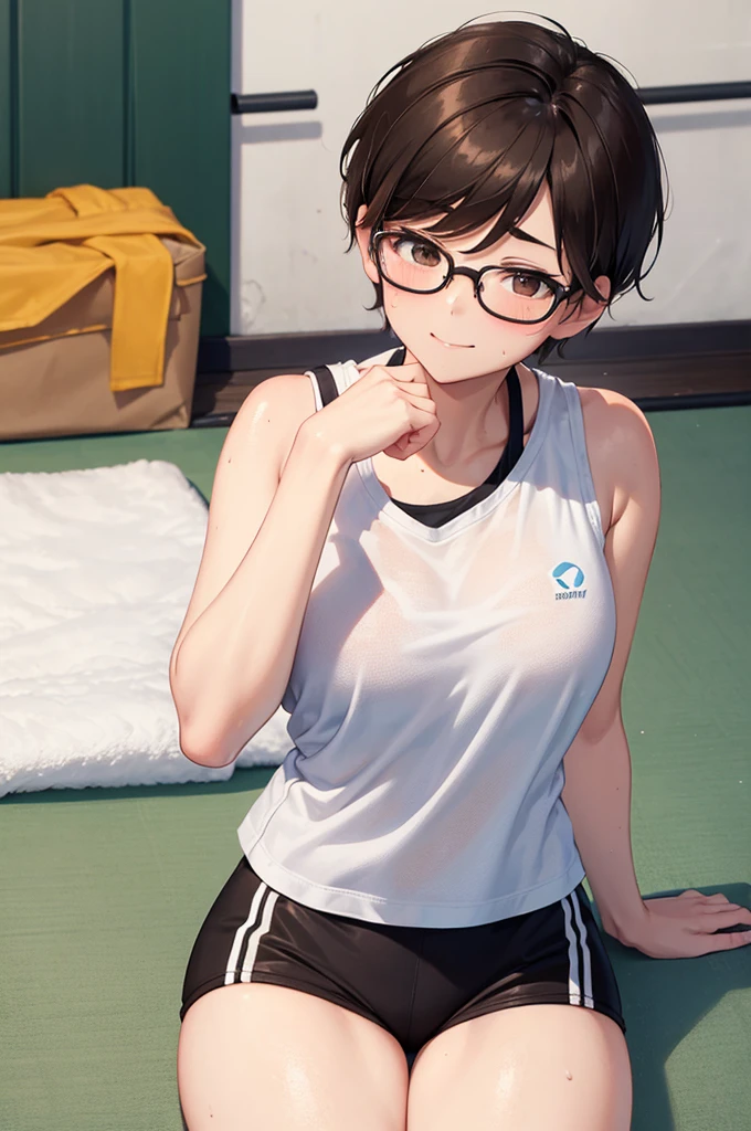 white sportswear, ,1woman, very short hair, brown hair, {{thick eyebrows}}, black-rimmed glasses, sweaty, brown eyes, fitness gym, traning, sitting, light smile, looking at camera, {{Put a towel around your neck}},japanese