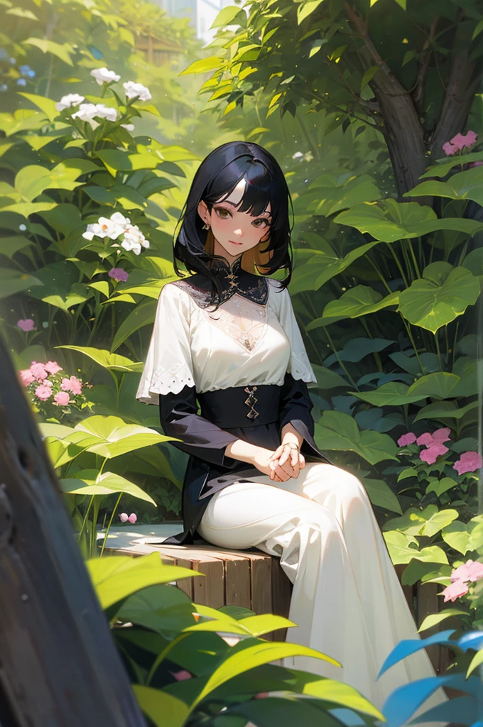 A black hair lady sitting in a garden