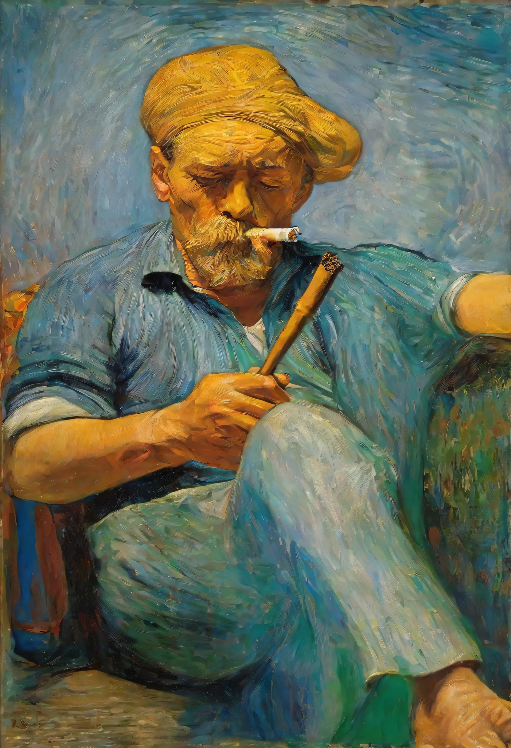 Uma pintura de um homem fumando cigarro, Arte bonita, Arte bonita, Arte impressionante, bela obra de arte, Arte impressionantework, cores vividas, van gogh, renoir, leonardo da vinci, chirico, luz suave, obra prima,