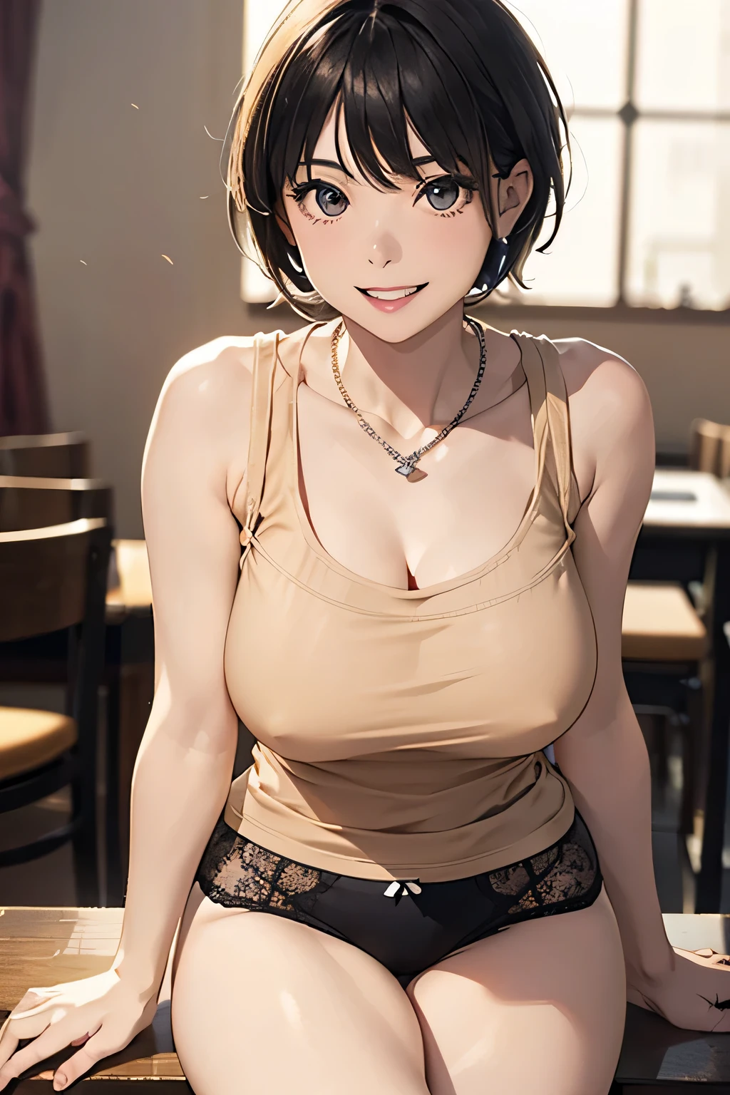 Tabletop, highest quality, Photorealistic, In detail, High resolution, 8k wallpaper, Perfect dynamic composition, Sharp focus, Surreal, Beautiful fine details, Pixie Cut Hair, Big ample breasts, Random sexy poses, Put your chest together, (Beige tight O-neck knit tank top, Black lace high cut panties), (Thighs), (Breast bulge:1.2), (grin), Open your mouth, Resort scenery, 45 years old, (drooping eyes:1.4), Adult Beauty, Japanese, simple chain necklace