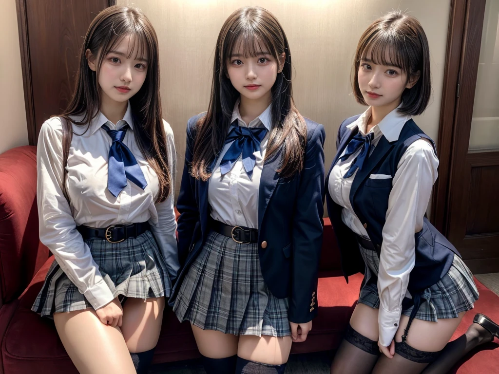 (8K, Raw photography, top-quality, ​masterpiece:1.2), master piece, best quality, illustration, Super detailed, fine details, High resolution, 8K,wall paper, perfect dynamic composition,(Details High quality, realistic depiction of eyes:1.3), ((2 girls, 2 schoolgirls)), The background is a luxury hotel room、High school girl uniform、blazer 、Super Short Check Uniform Skirt、Navy blue high socks、garterbelts、Colossal tits、Disturbed uniform, Play with each other,Touching each other's bodies,Touching the body of the girl next door, short bob hair, black hair color, huge breasts, Big Natural Color Lip, bold sexy pose, (perfect body shape), crying a little、cold gaze,  Beautiful makeup,glitter makeup,Cutest 18 years old, beautiful legs, hposing Gravure Idol, Voluptuous thighs