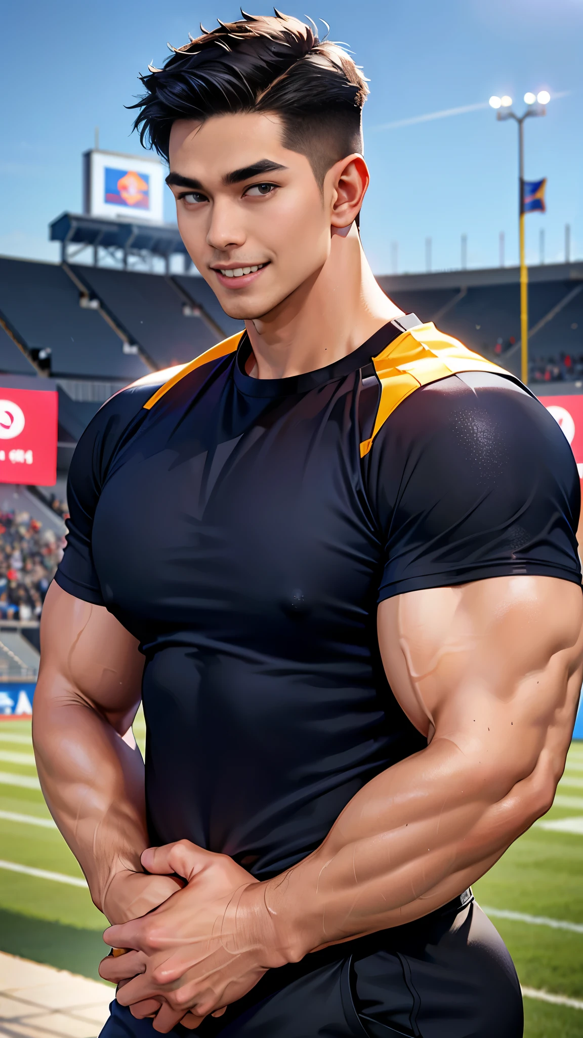 1 man, smile, (Wearing a black shirt., round neck, short sleeve football shirt.), Navy cargo pants, Korean people , korean men, (high gloss details), chest muscles, Big arm muscles, blood vessel, big muscles, Broad shoulders, looking at the audience, Balancing the eyes, (Make eye contact), sports stadium, football