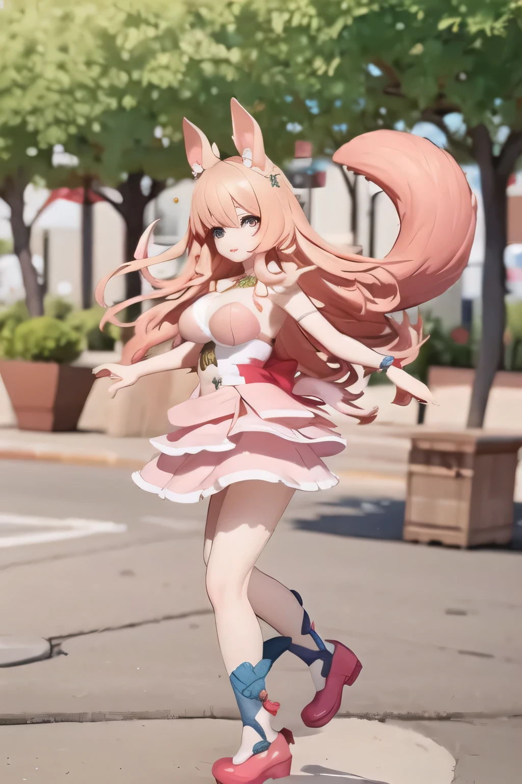 1giel, long hair, pink hair, long hair, animal ears, squirrel, pink dress, short skirt, squirrel tail, shoes, breasts, large breasts, 